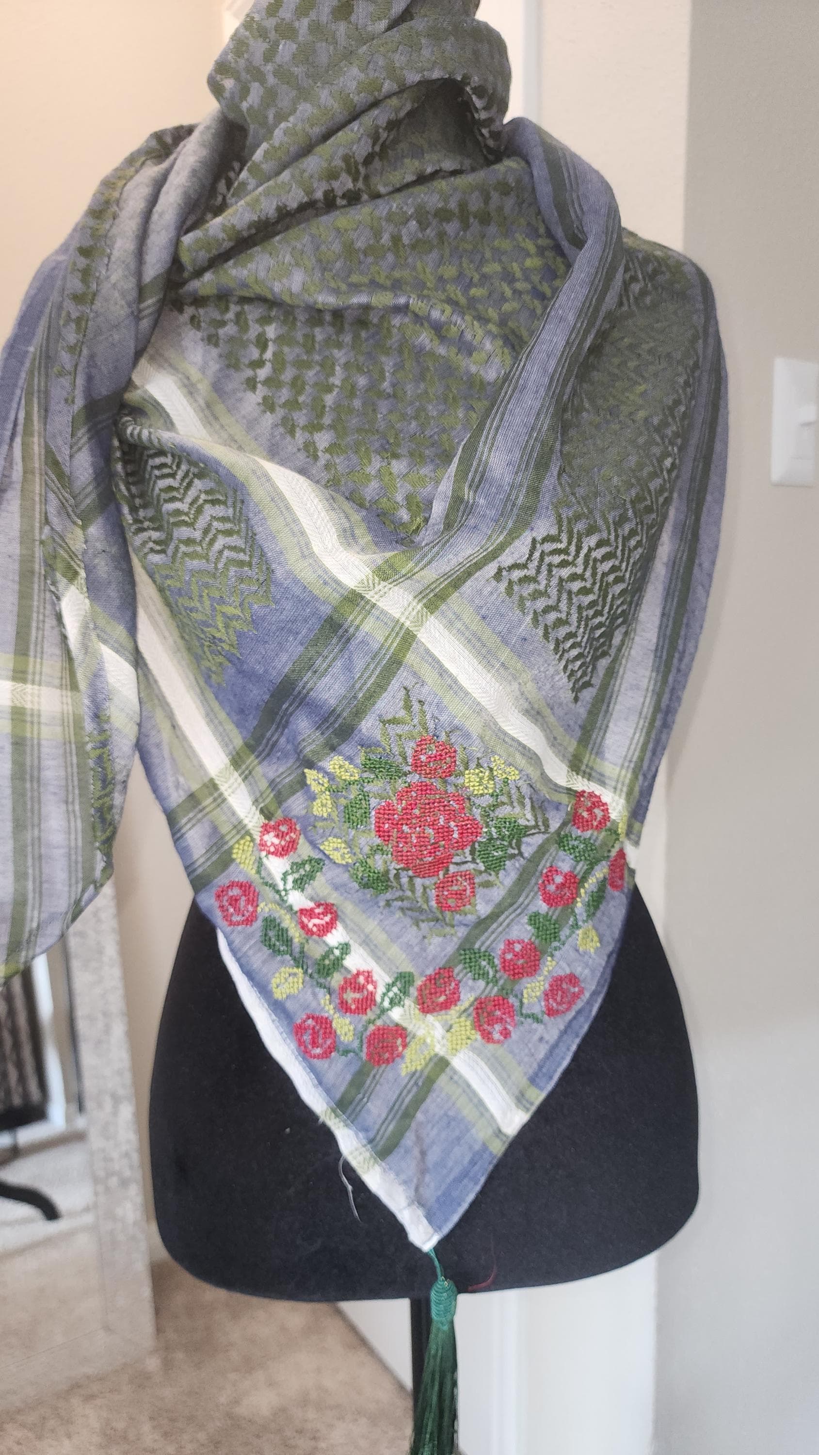 Hand-Stitched blue and green Keffiyeh: Embroidered Half Scarf ,tarreez ,green tassel - image 3
