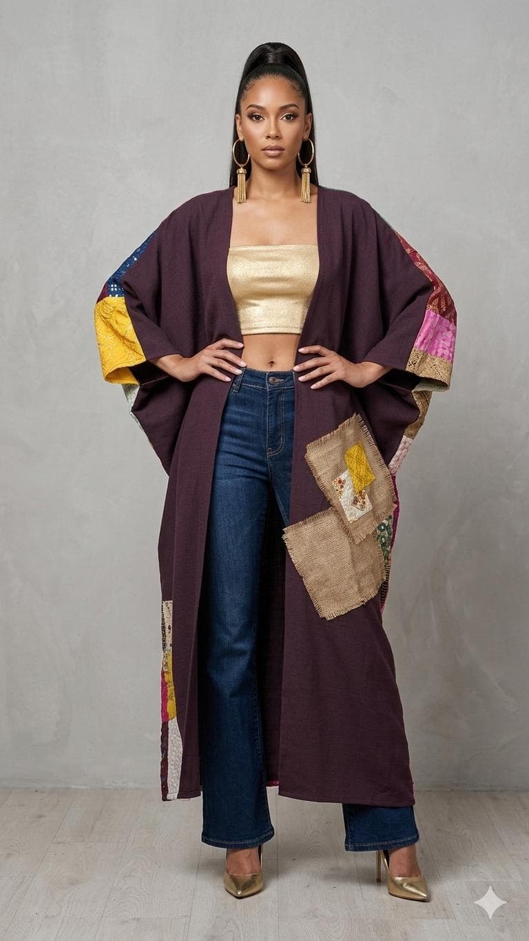 Mixed Media Patchwork Longline Kimono, Hand-Stitched Statement Duster