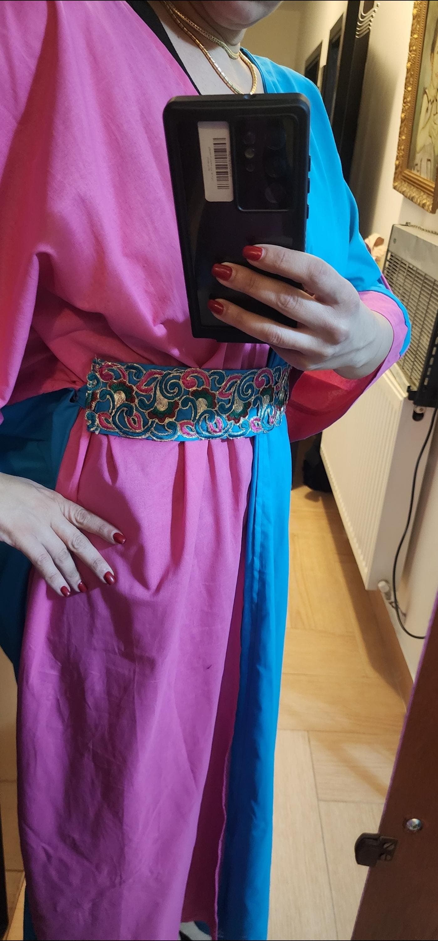 Azure & Fuchsia Linen Abaya Kimono with Embroidered Belt - image 3