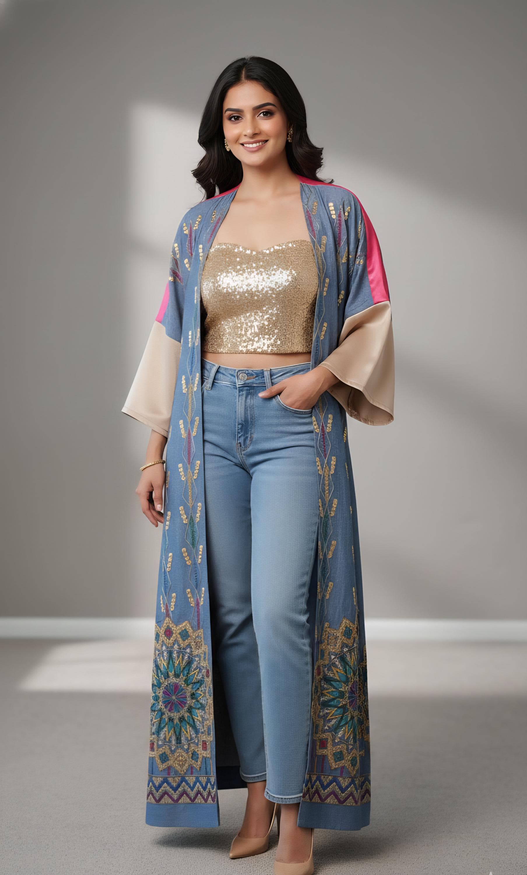 Denim & Fuchsia  Abaya Kimono with Embroidered, robe, kimono - image 3