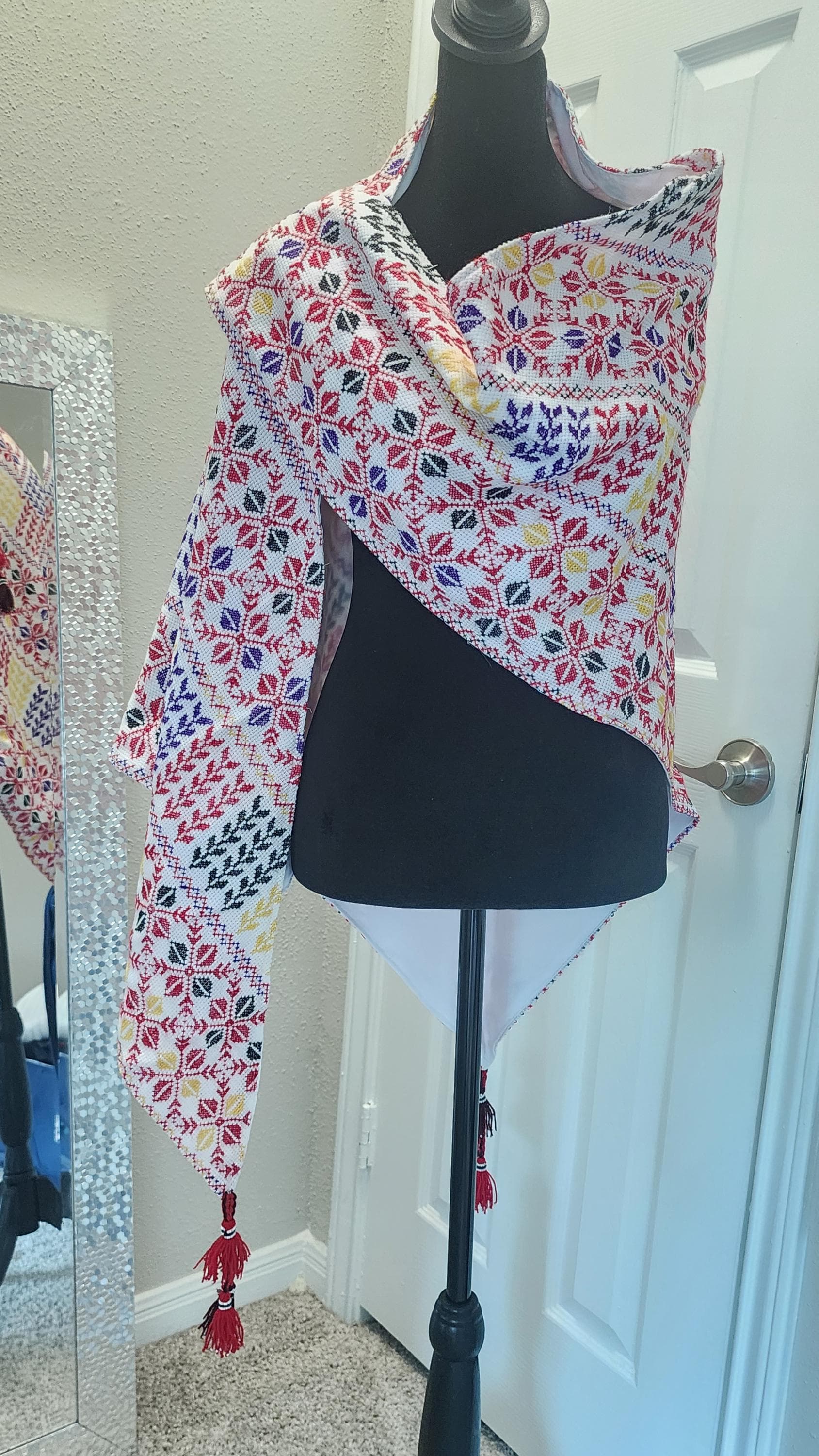 Palestinian Embroidered Shawl: etamine Handmade Tatreez Scarf with handmade tassels - image 4