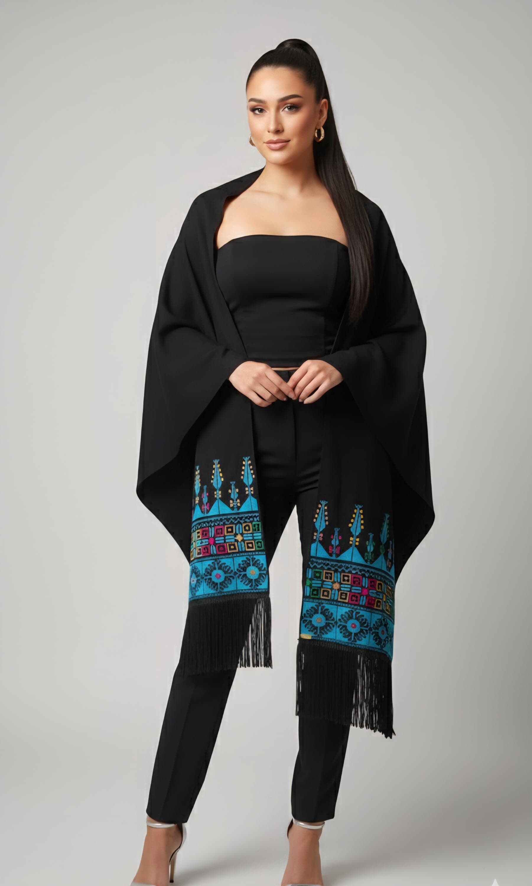 Handmade Tatreez  Shawl: Palestinian Embroidery, Summer Scarf blue tatreez - image 2