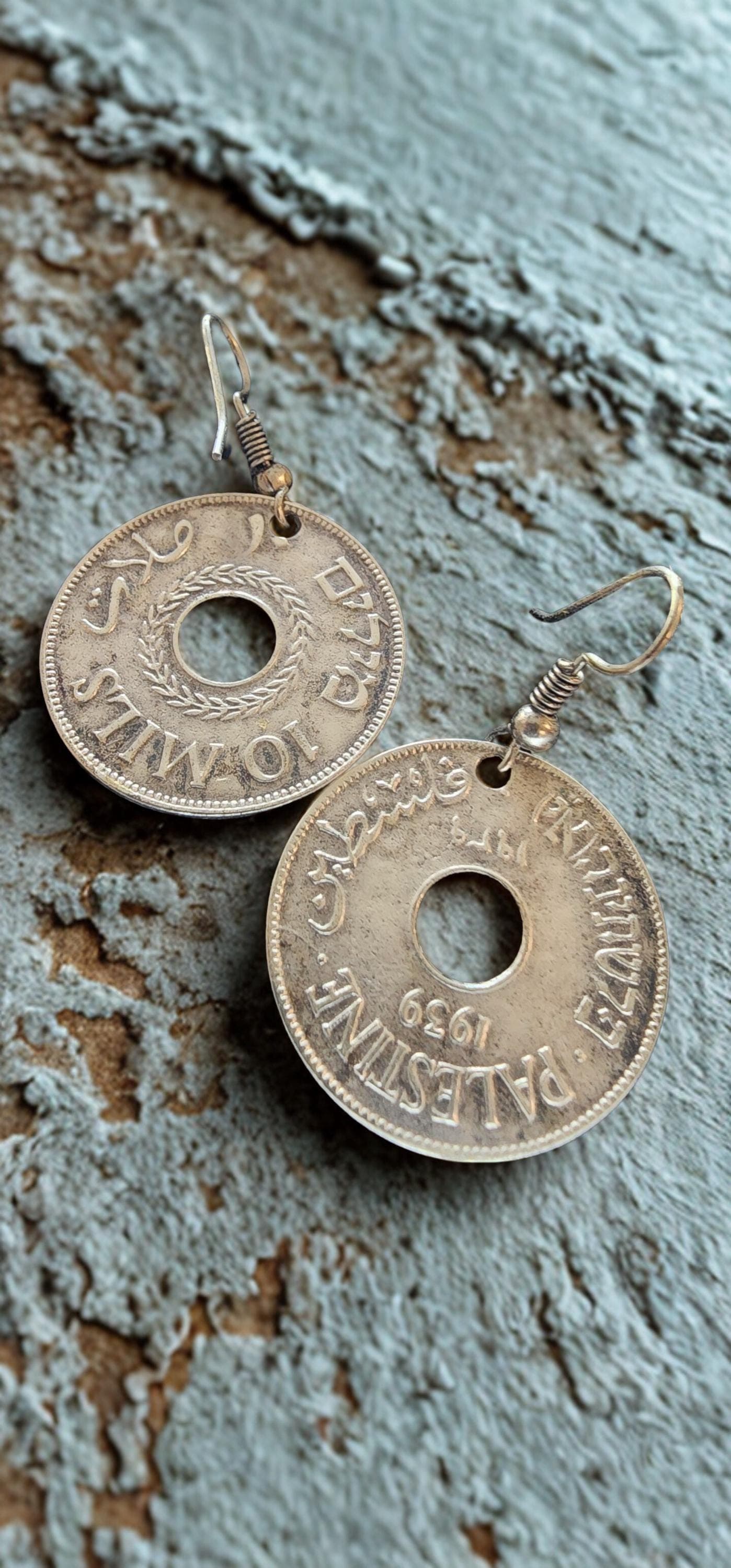 Antique-Style Palestinian Coin Earrings | 1939 10 Mils Replica Jewelry | Silver-Plated Heritage Earrings |