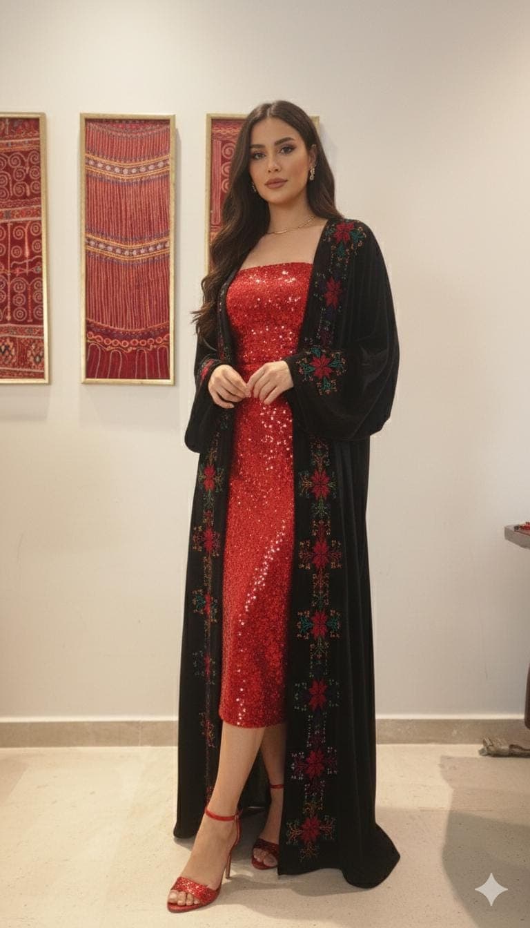 Hand Embroidered velvet Palestinian Tatreez abaya cover-up Heritage Abaya