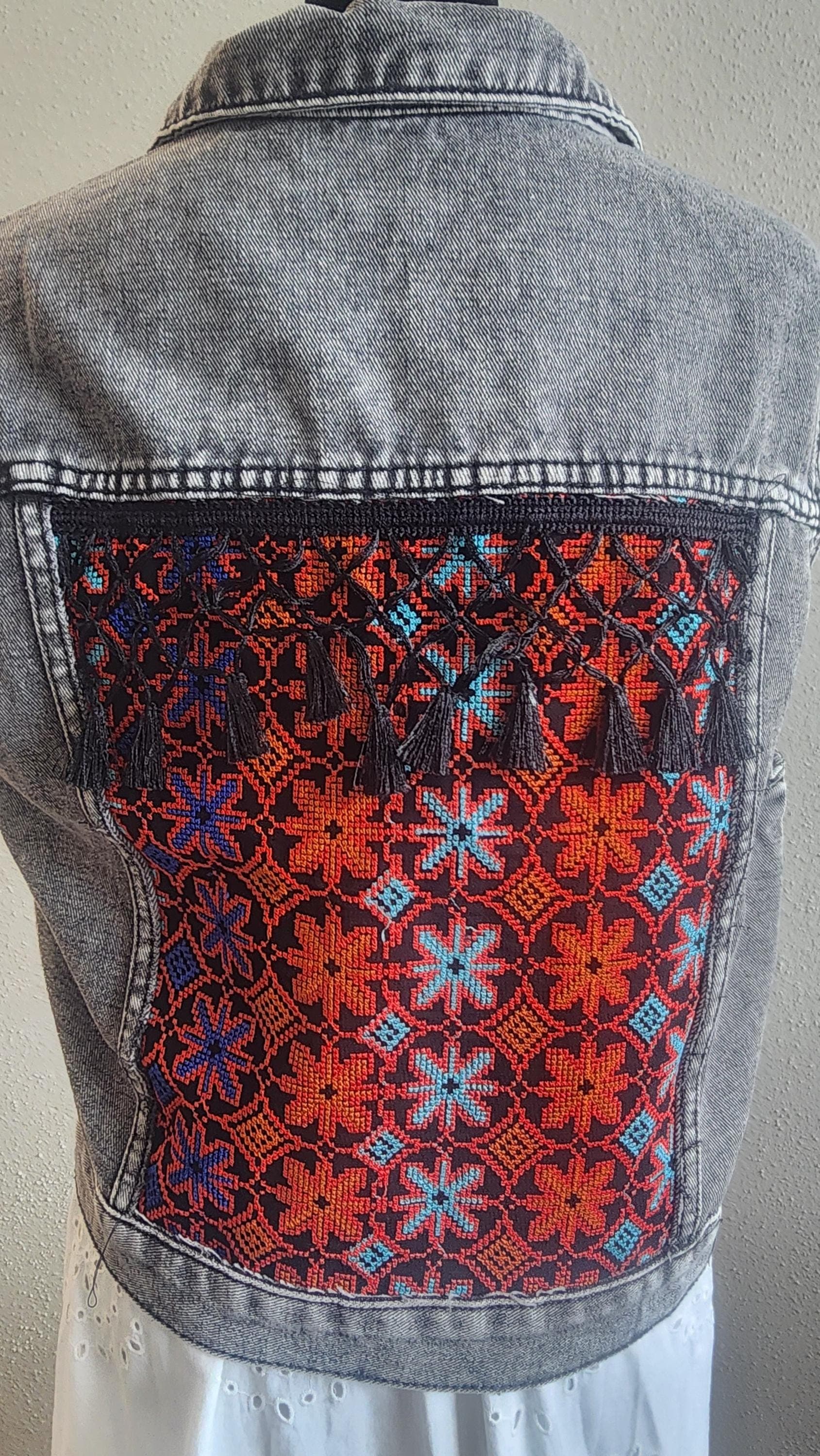 Embroidered Denim Vest: Floral Tatreez Design - Gray Wash , Machine embroidery - image 5