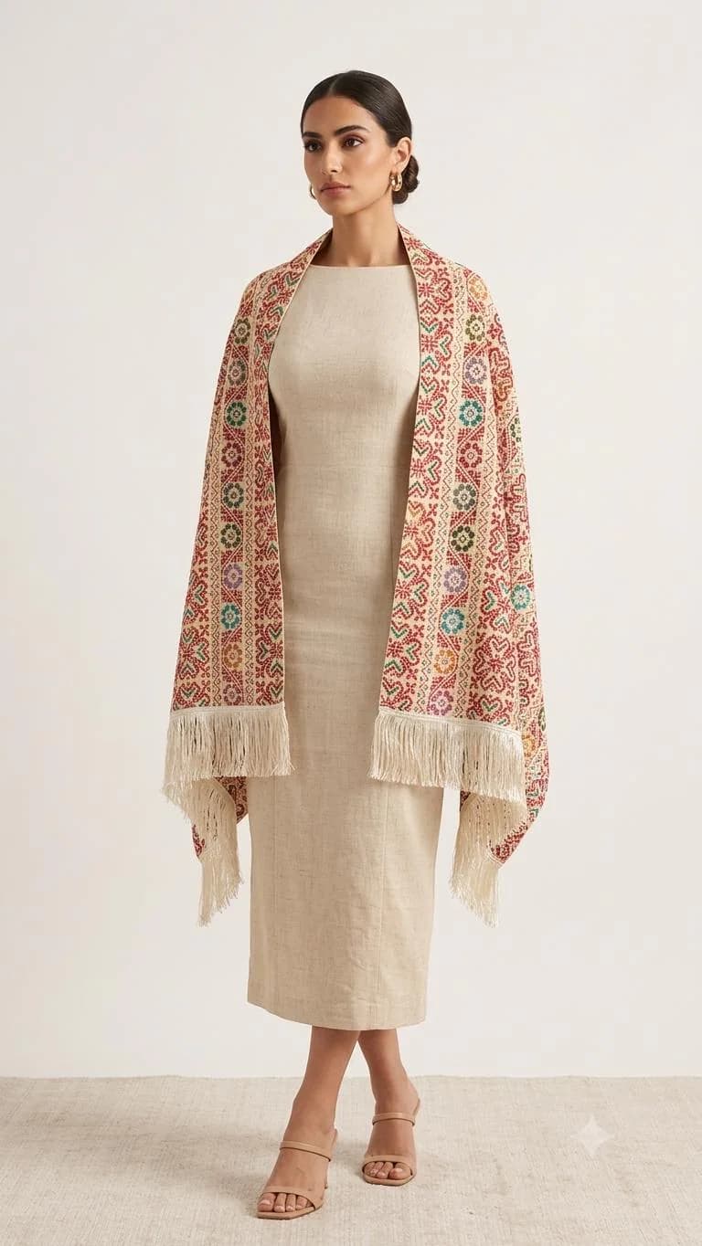 Handmade Palestinian Tatreez Shawl: Embroidered Etamine Wrap in beige