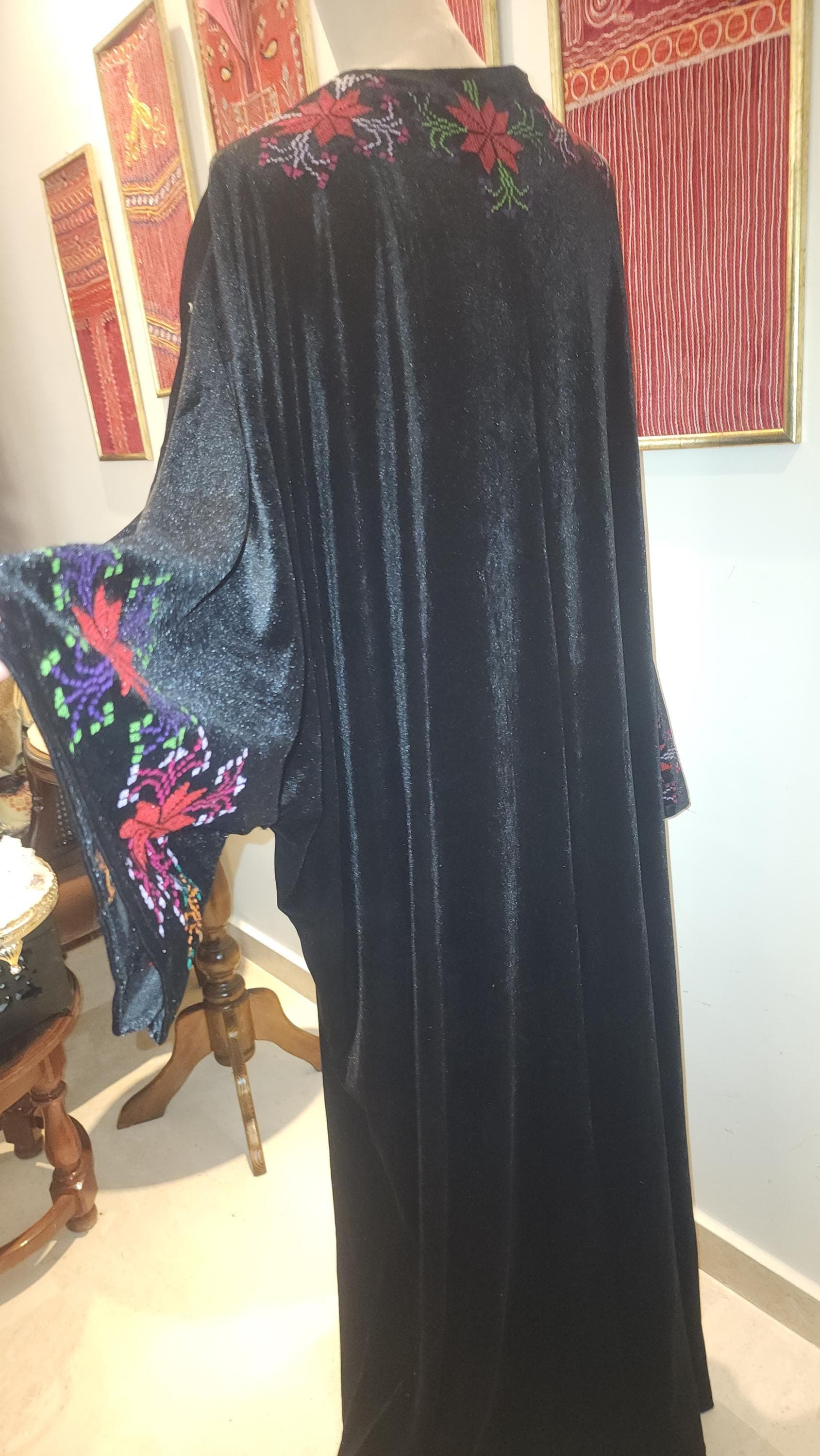 Hand Embroidered velvet Palestinian Tatreez abaya cover-up Heritage Abaya - image 3