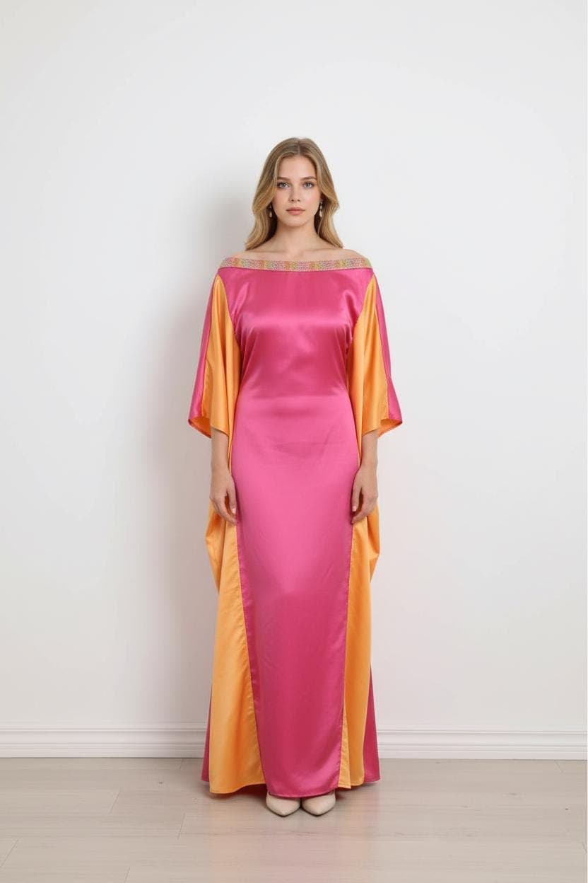 Color Block Satin Kaftan Dress | Off Shoulder Moroccan Gown Elegant Evening Wear