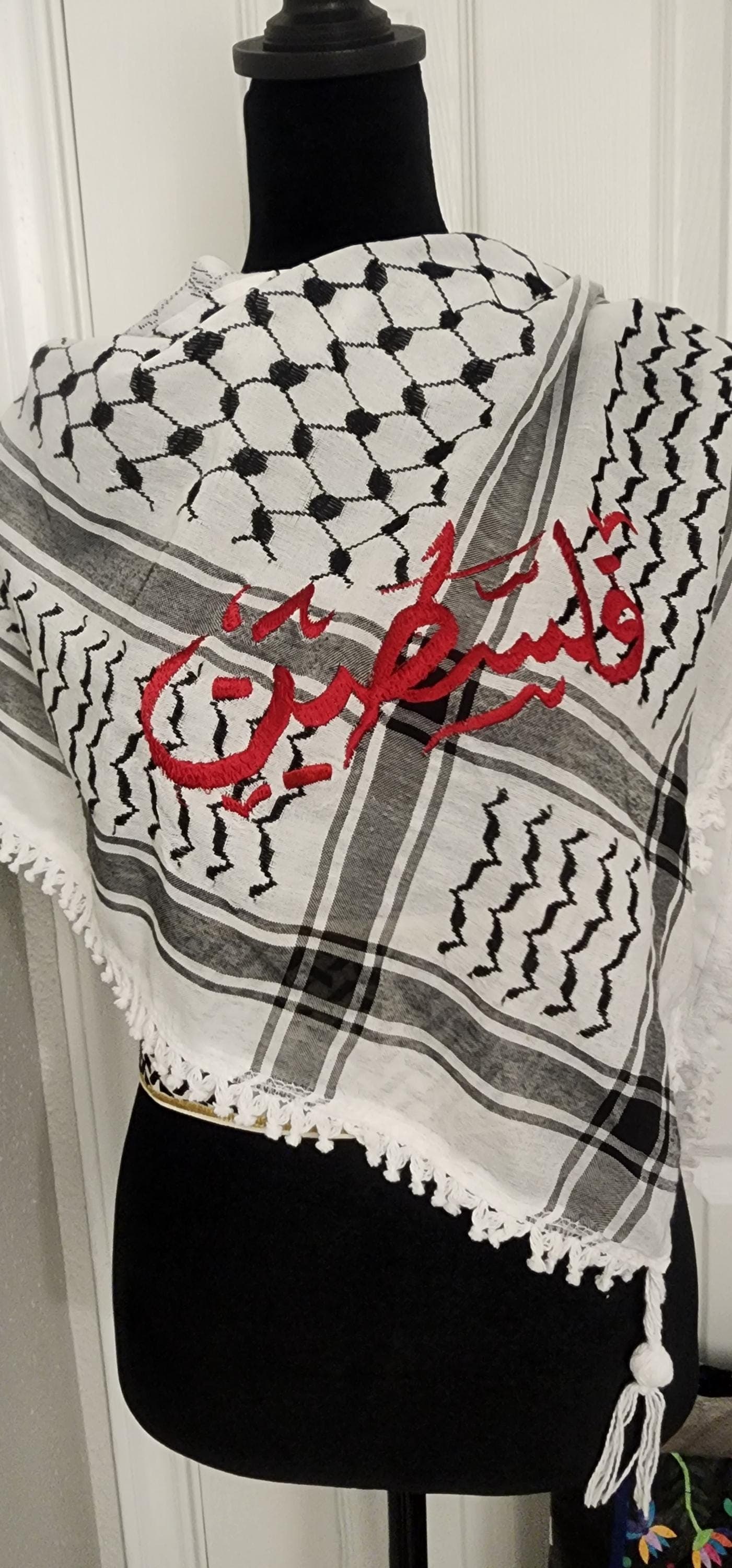 Unisex Palestinian Keffiyeh with Red Embroidery Palestinian shawl