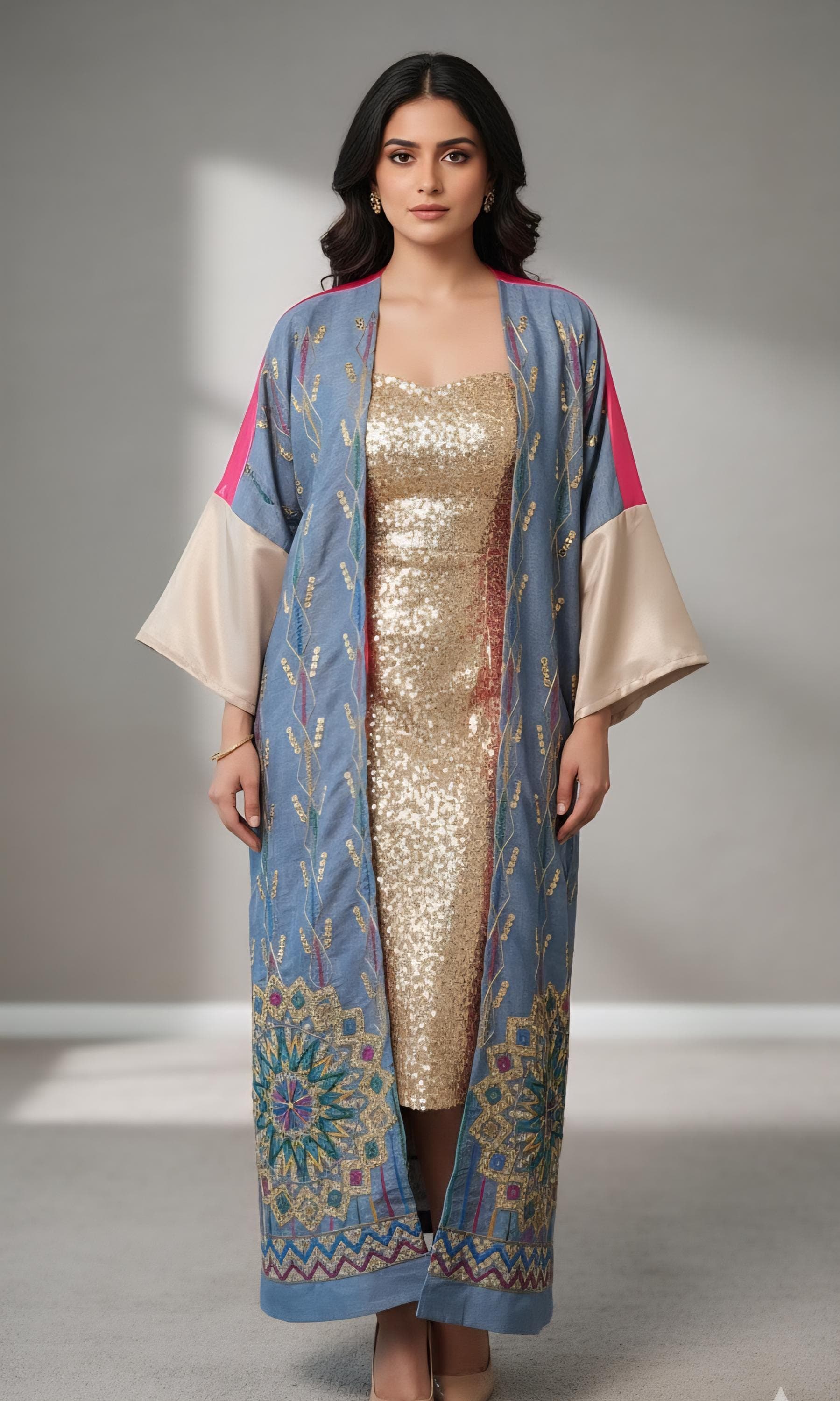 Denim & Fuchsia  Abaya Kimono with Embroidered, robe, kimono