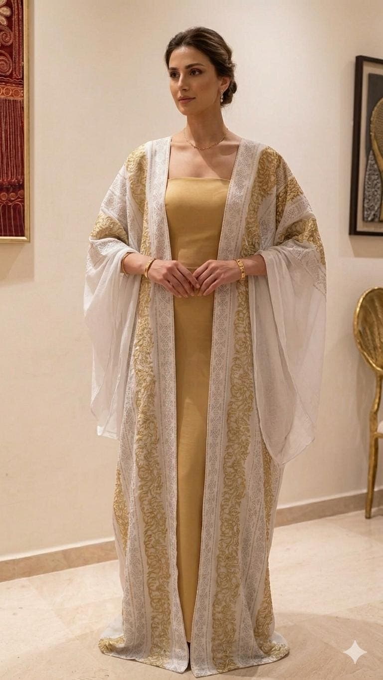 White callegraphy Abaya kimono: Embroidered Middle Eastern cover-up,calligraphy, luxury modest wear - image 4