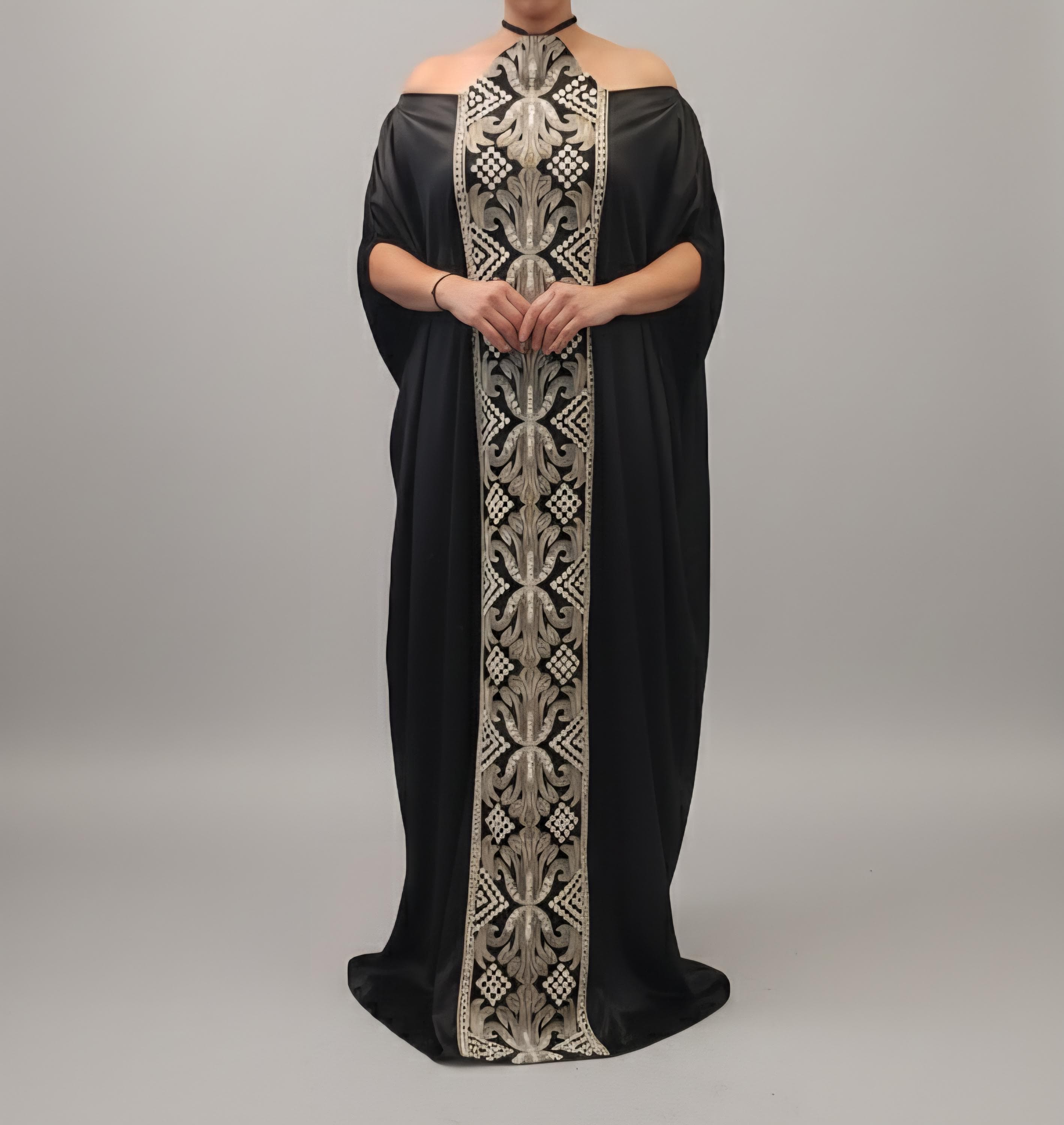 Modern Off-the-Shoulder Kaftan with gold and white embroidery - image 4