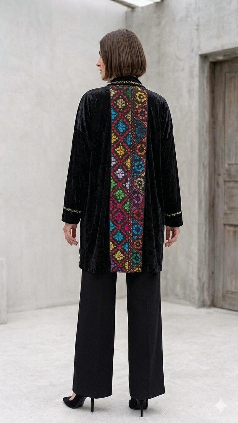 Velvet Hand Embroidered Palestinian Tatreez cardigan