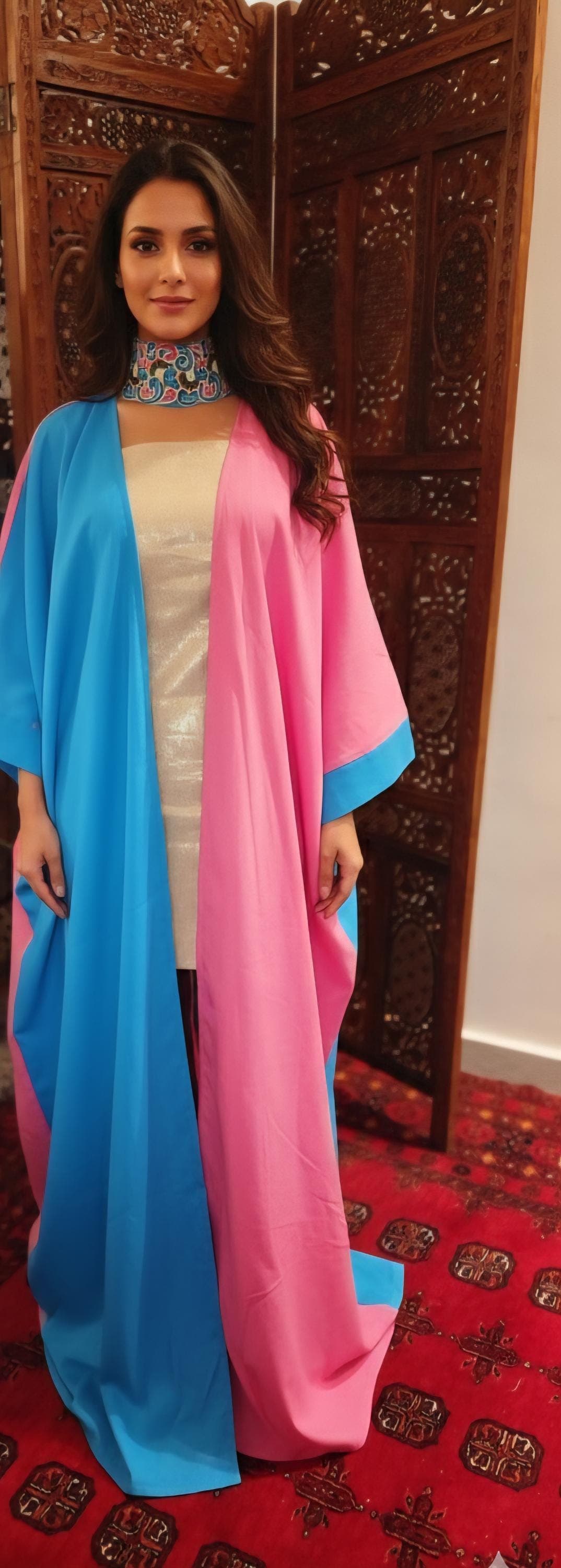 Azure & Fuchsia Linen Abaya Kimono with Embroidered Belt