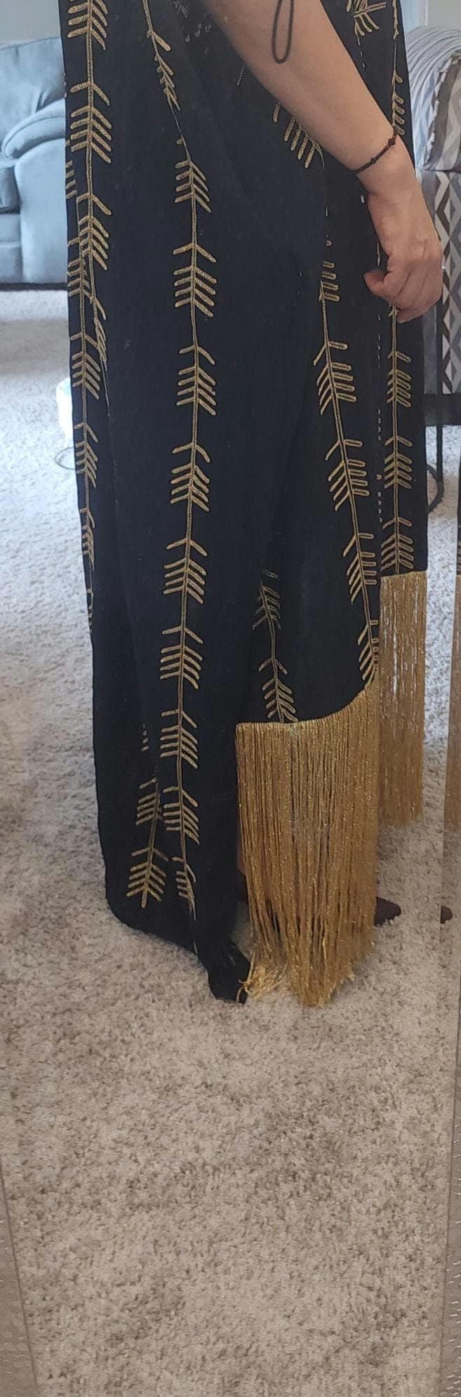 Embroidered Kaftan Dress – Navy Blue Cold-Shoulder Maxi with Gold Fringe - image 5