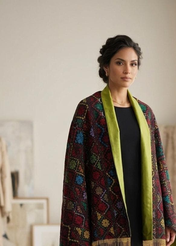 Handmade Palestinian Tatreez Shawl: Embroidered Etamine Wrap with green tefta Lining with beads fringes - image 3