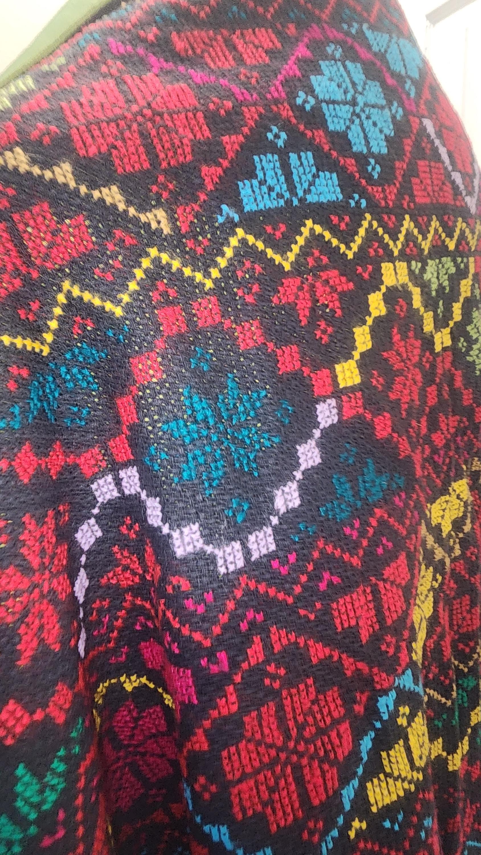Handmade Palestinian Tatreez Shawl: Embroidered Etamine Wrap with green tefta Lining with beads fringes - image 4
