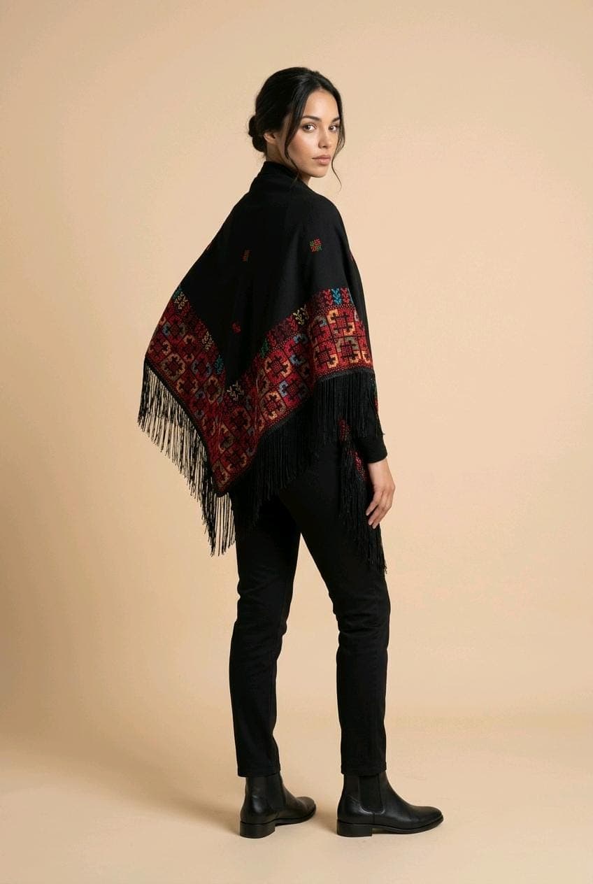 Palestinian Tatreez Embroidered Shawl | Black Arabic Scarf with Fringe