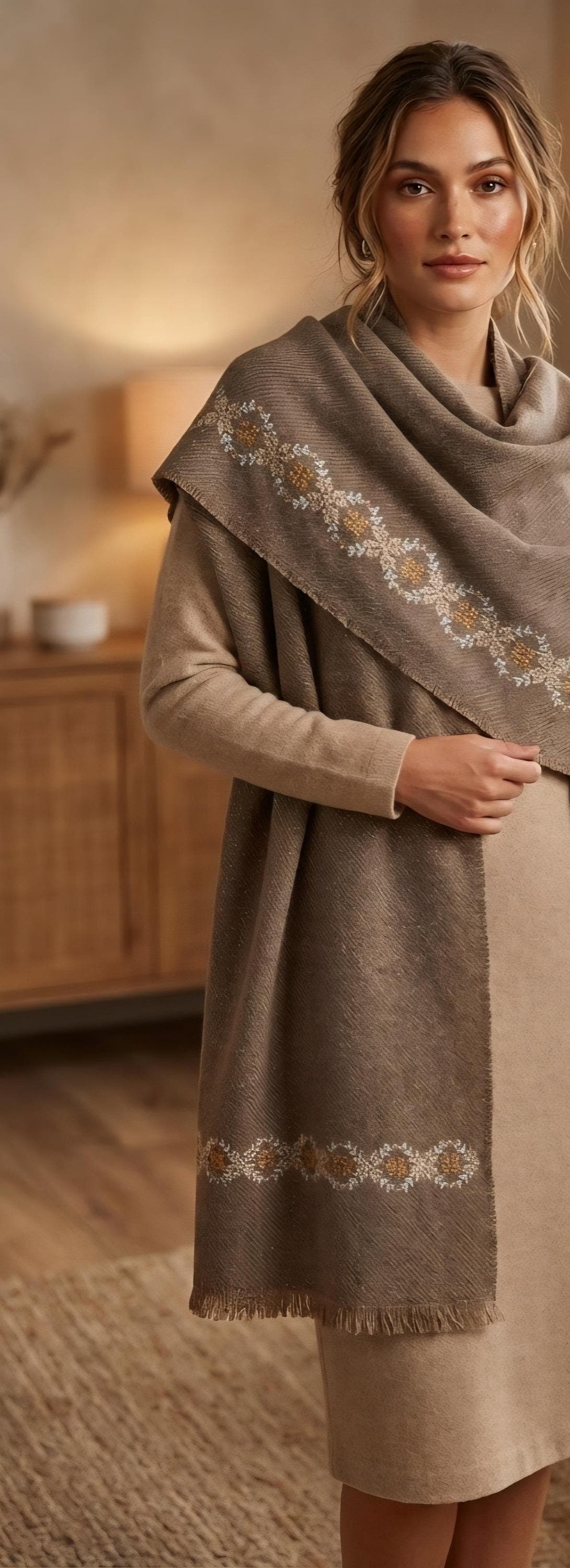 Handmade embroidery Shawl tatreez: Embroidered winter Fabric Wrap, light brown beige