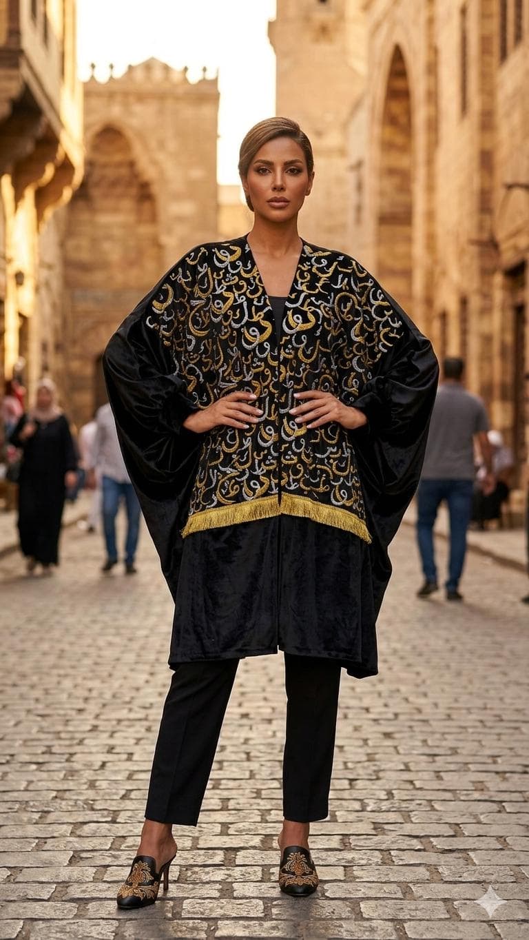 Black Velvet cardigan Abaya Robe,coverup: Gold Silver Arabic Calligraphy Embroidery, Ethnic Wear