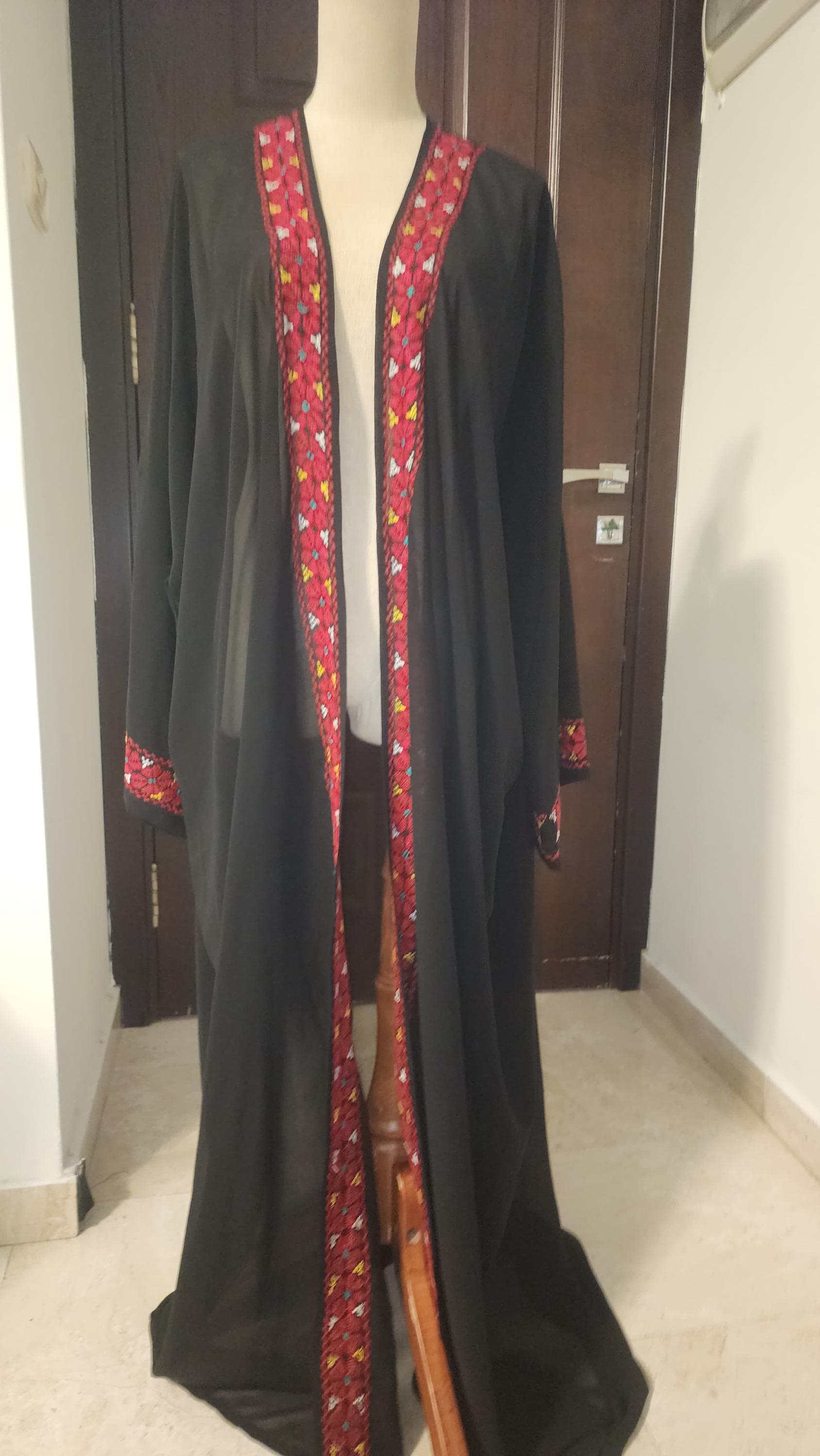 Hand Embroidered Palestinian Tatreez Cape: Heritage Abaya Shawl chiffon with red tatreez - image 4