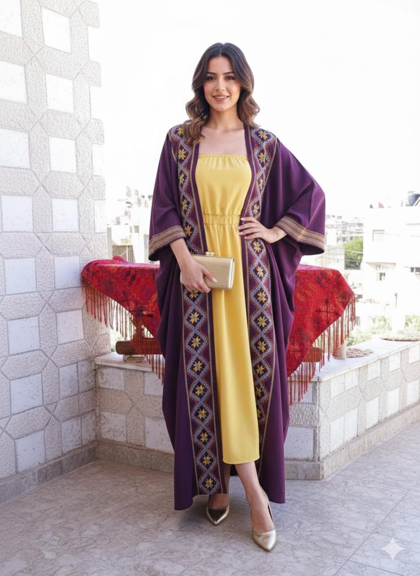 Hand Embroidered Kaftan - Purple Tatreez Kimono, Palestinian Abaya - image 4