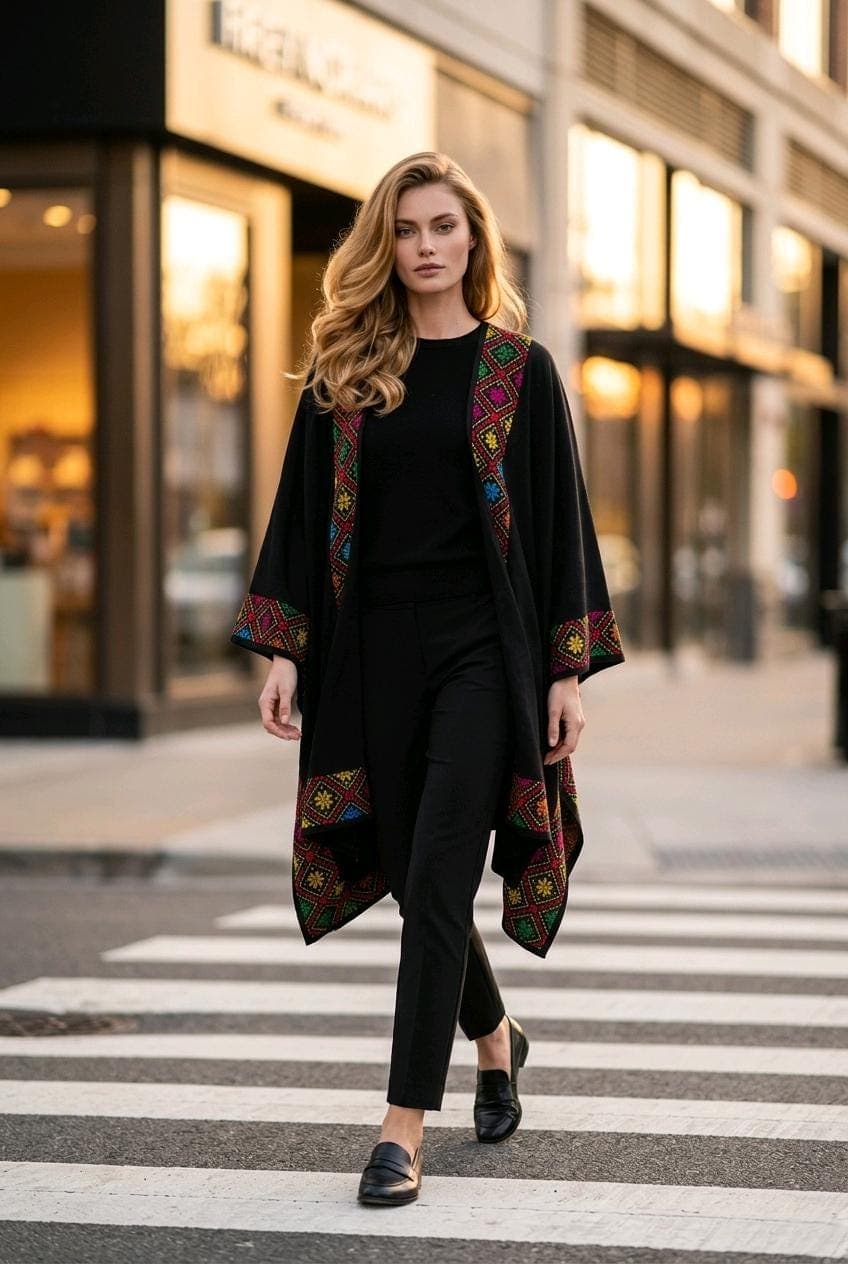 Embroidered Palestinian Abaya | Handmade Tatreez Thobe Cover-Up cape , 41 inches length