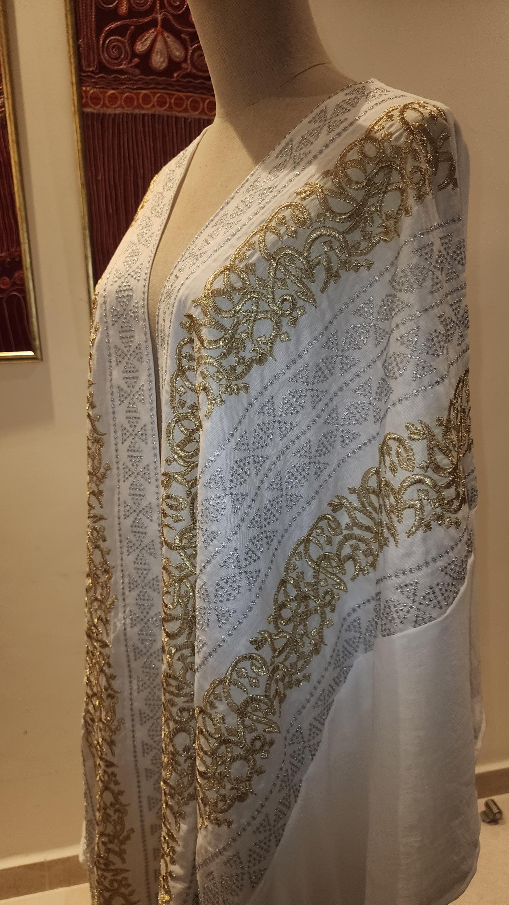White callegraphy Abaya kimono: Embroidered Middle Eastern cover-up,calligraphy, luxury modest wear - image 5