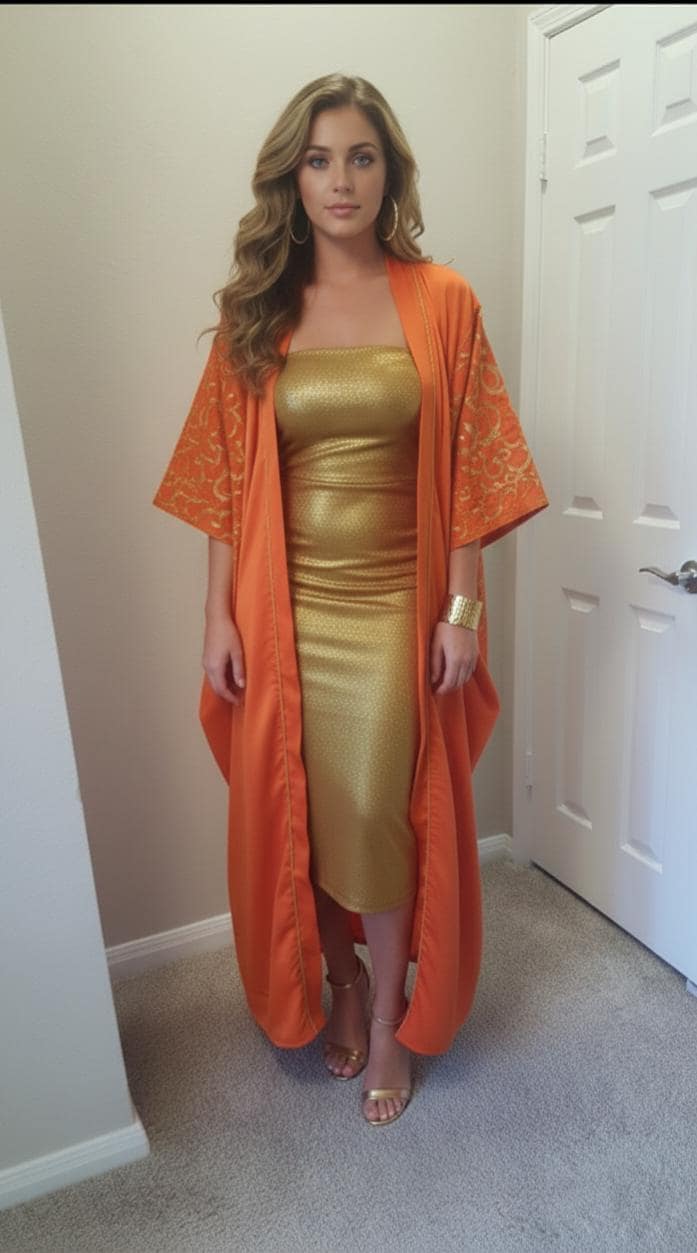 Satin Orange  Abaya robe , Middle Eastern Ethnic Wear with embroidery  Arabic calligraphy