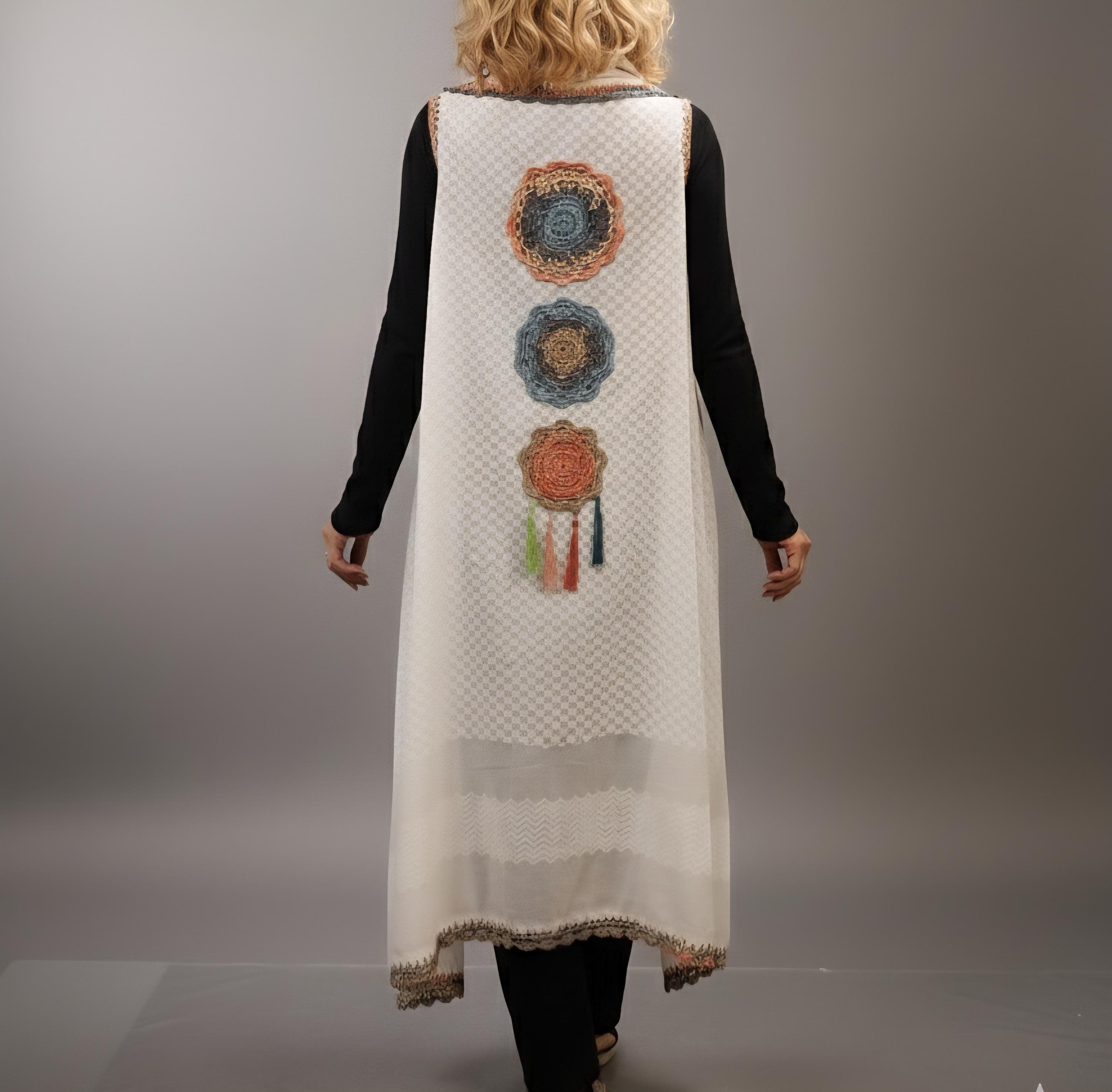 Keffiyeh Fabric Duster Vest with Bohemian Crochet Accents