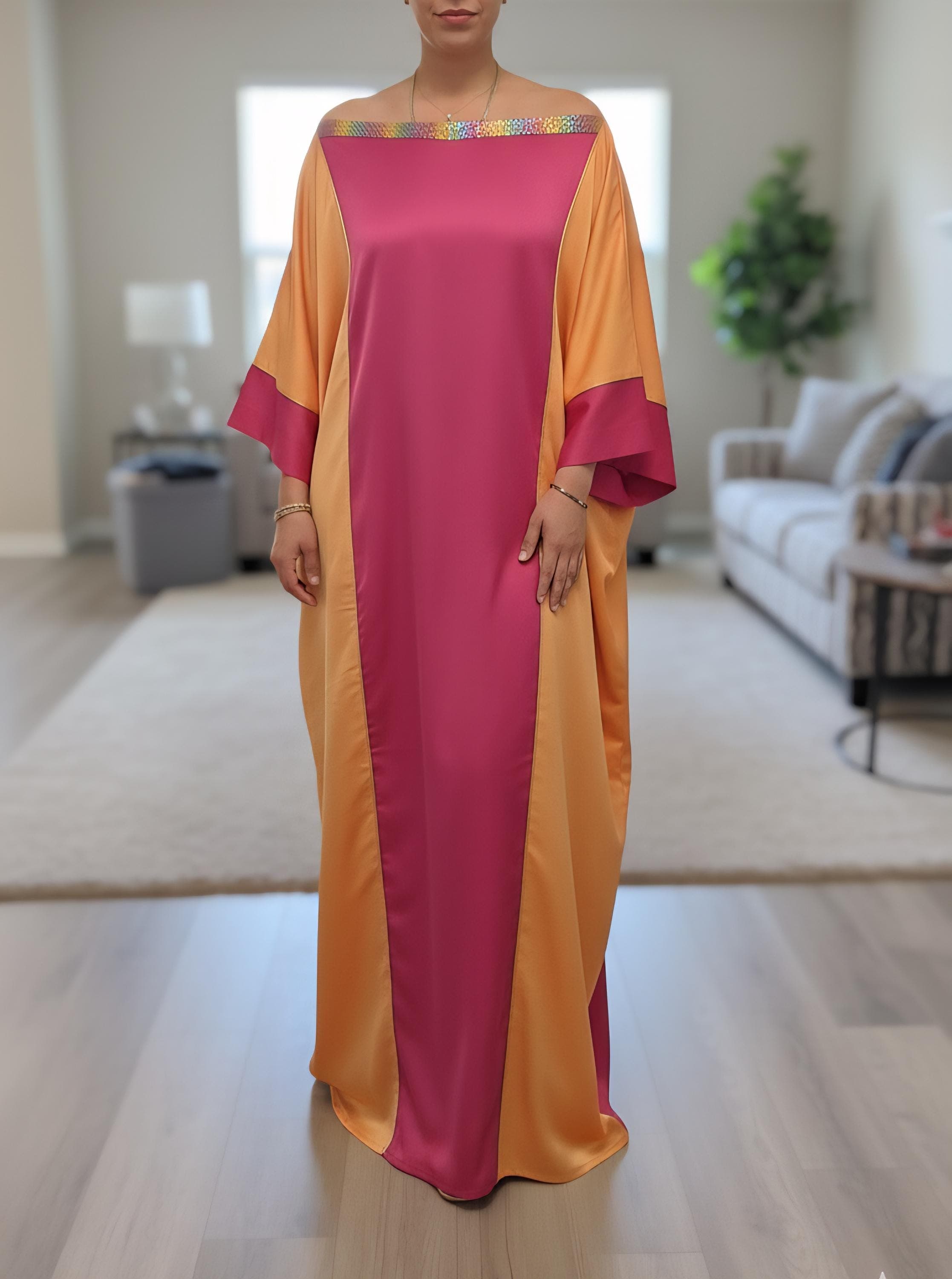Color Block Satin Kaftan Dress | Off Shoulder Moroccan Gown Elegant Evening Wear - image 4