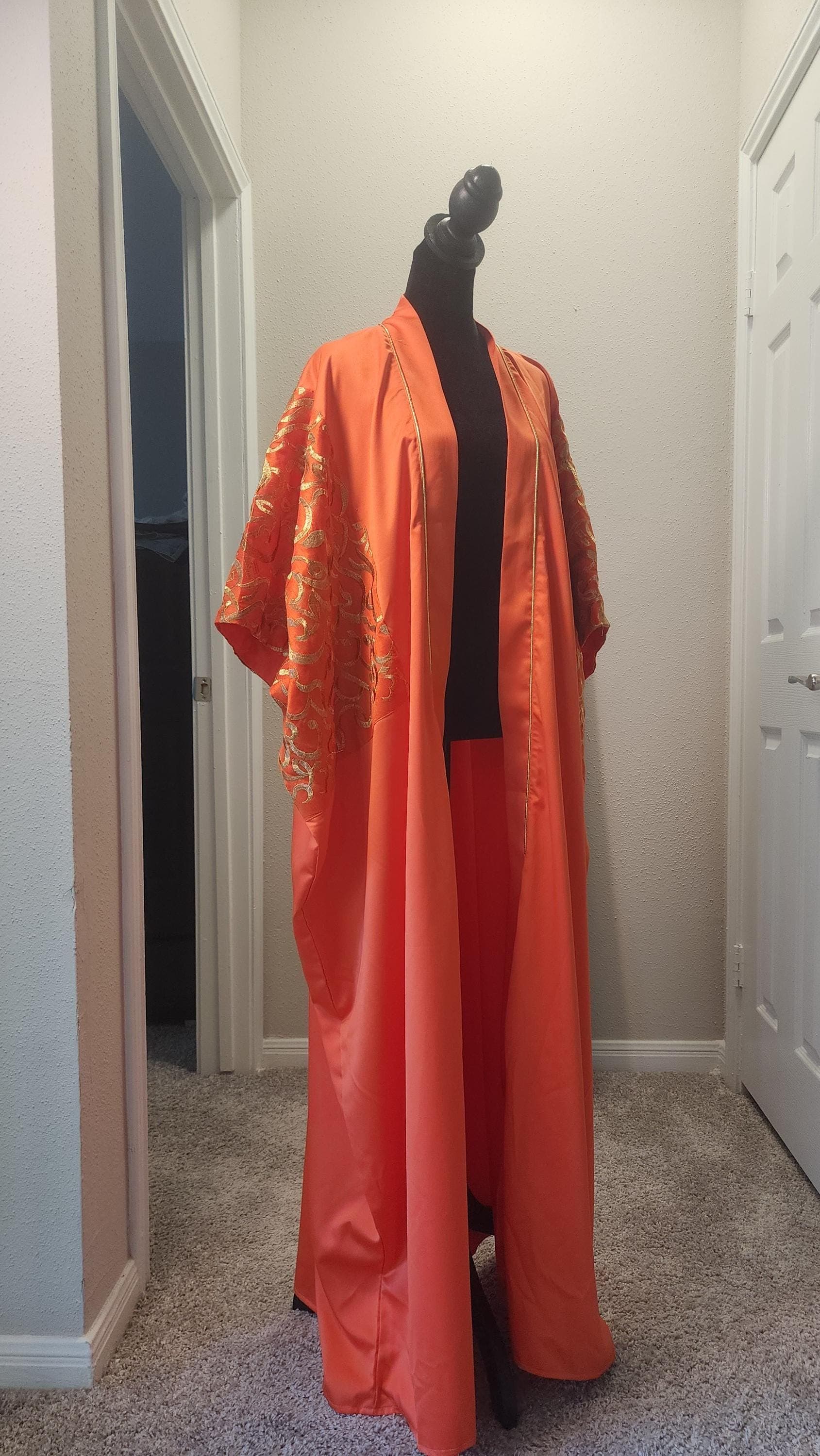 Satin Orange  Abaya robe , Middle Eastern Ethnic Wear with embroidery  Arabic calligraphy - image 4