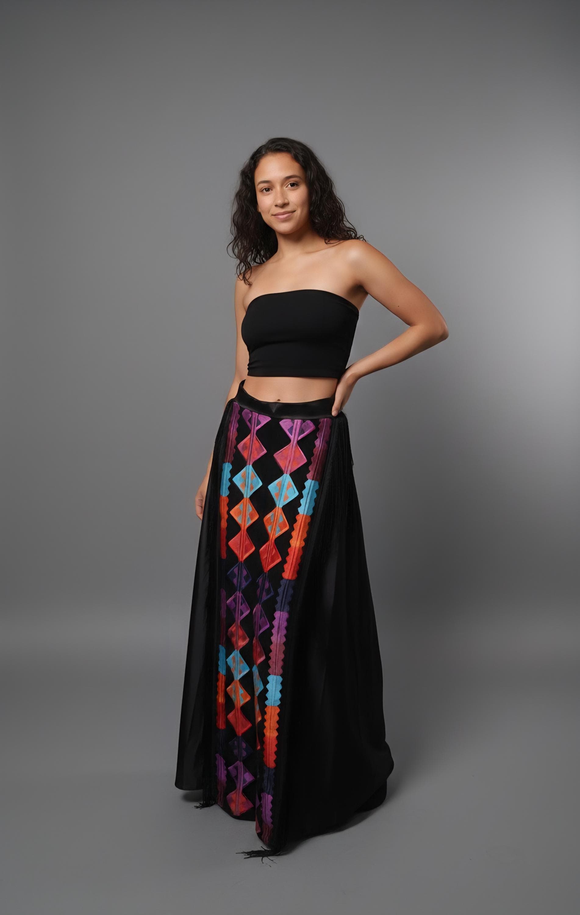 Tall high waist flare party womans oversized hem skirt with  embroidery and fringes - image 5