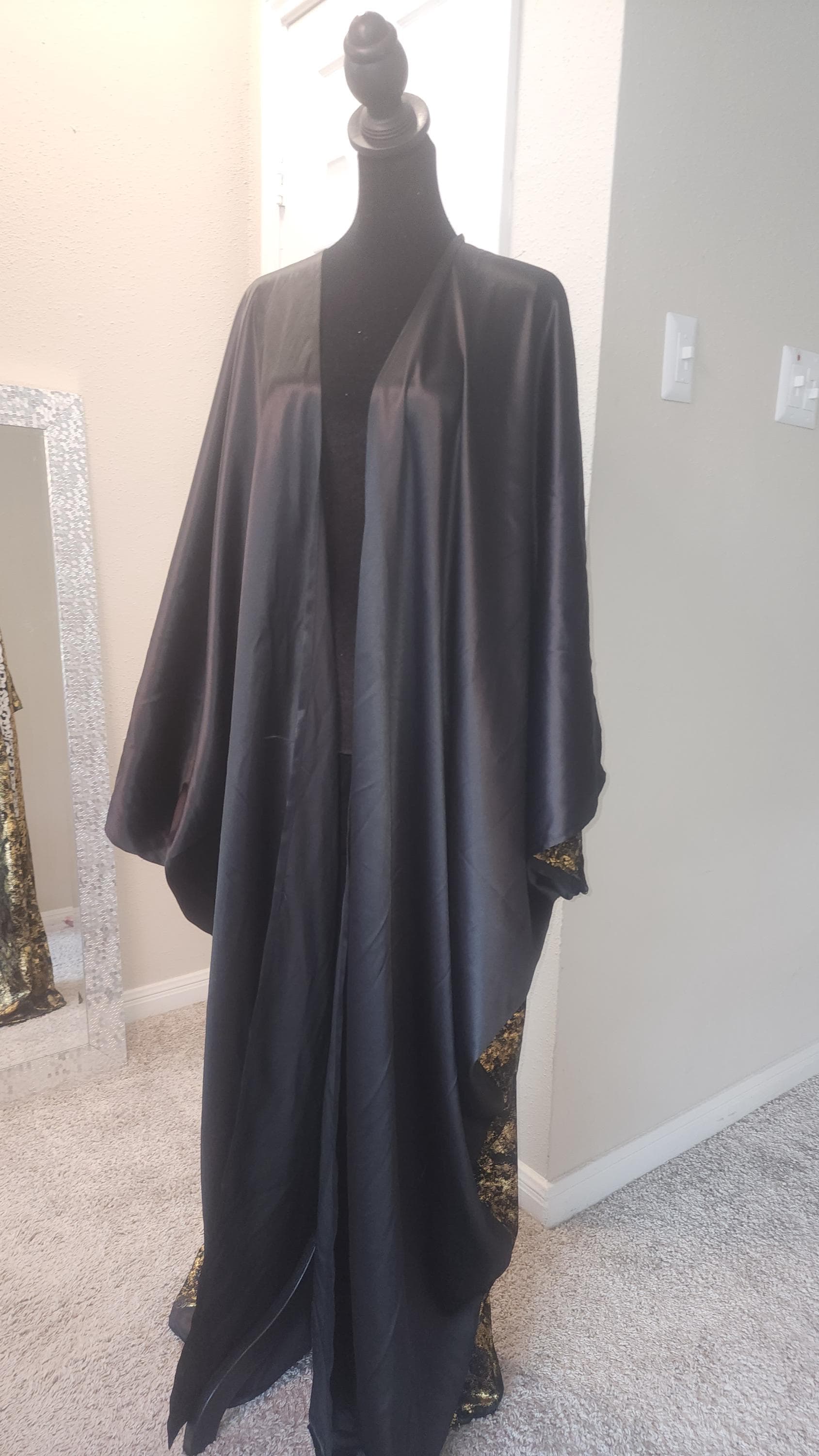Black Satin Gold Calligraphy Kimono Abaya | Metallic Tie-Dye Kaftan Robe. - image 5