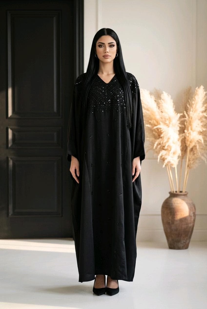 Luxury mix fabric embellished dress kaftan-style with belt - image 3