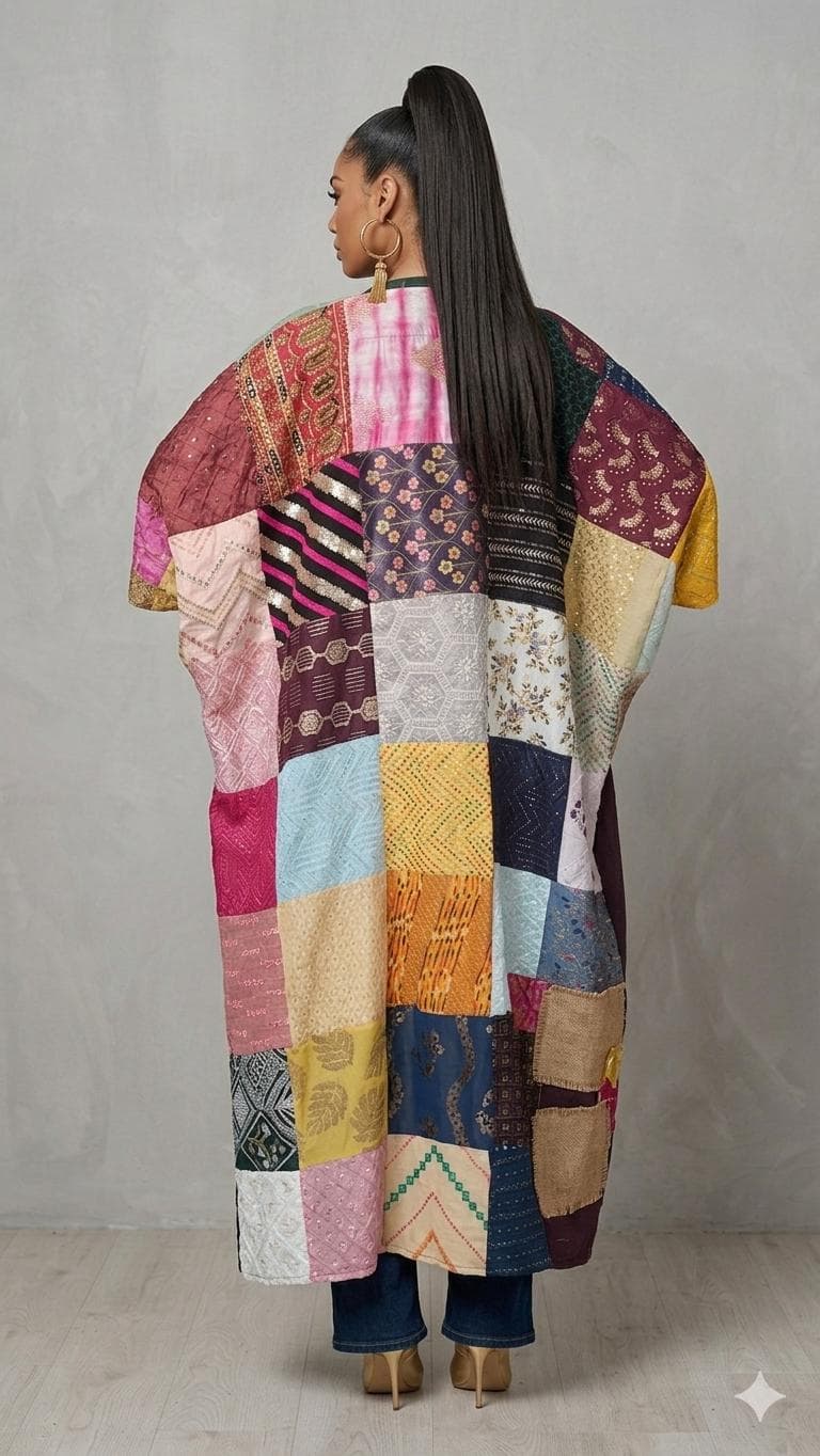 Mixed Media Patchwork Longline Kimono, Hand-Stitched Statement Duster - image 3