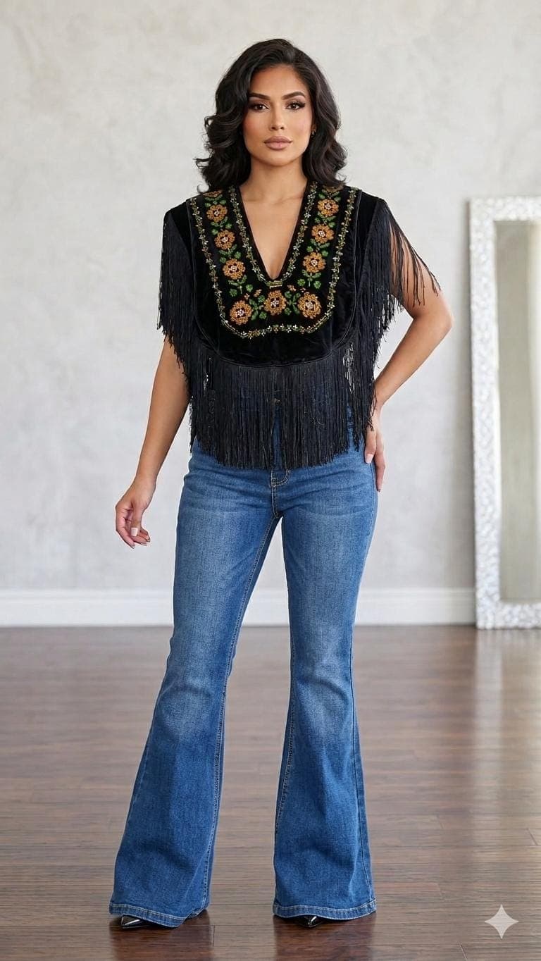 Versatile vintage Velvet Thobe Top | Fringe Detail | Side Tie | Upcycled Statement Piece - image 4