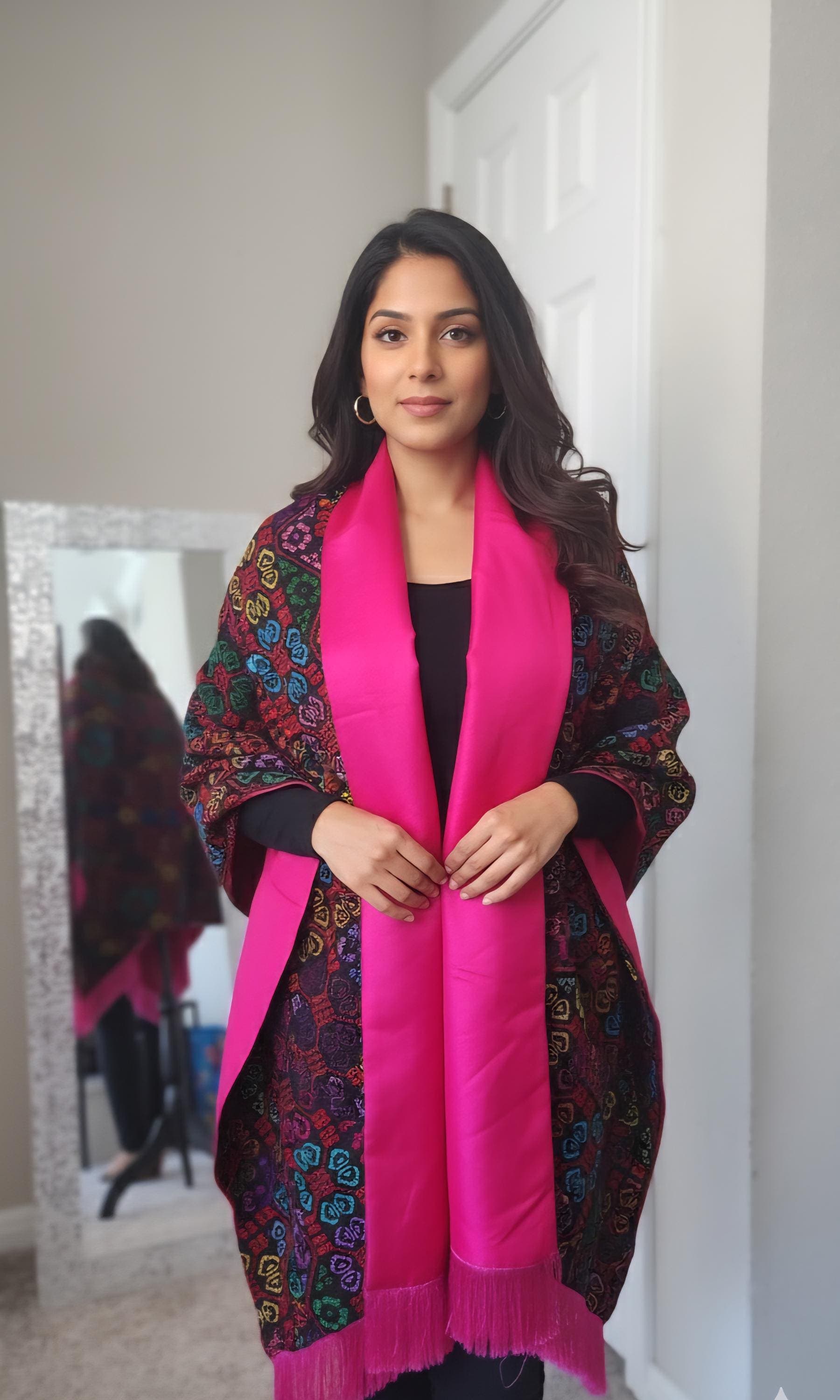 Handmade Palestinian Tatreez Shawl: Embroidered Etamine Wrap with Tefta Lining