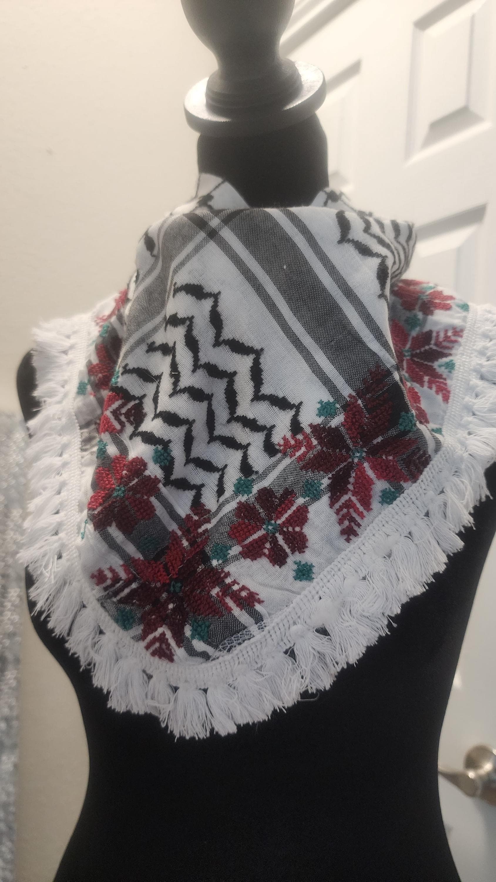 Hand-Embroidered Tatreez Scarf: Palestinian,  Keffiyeh Shawl  neck scarf - image 3