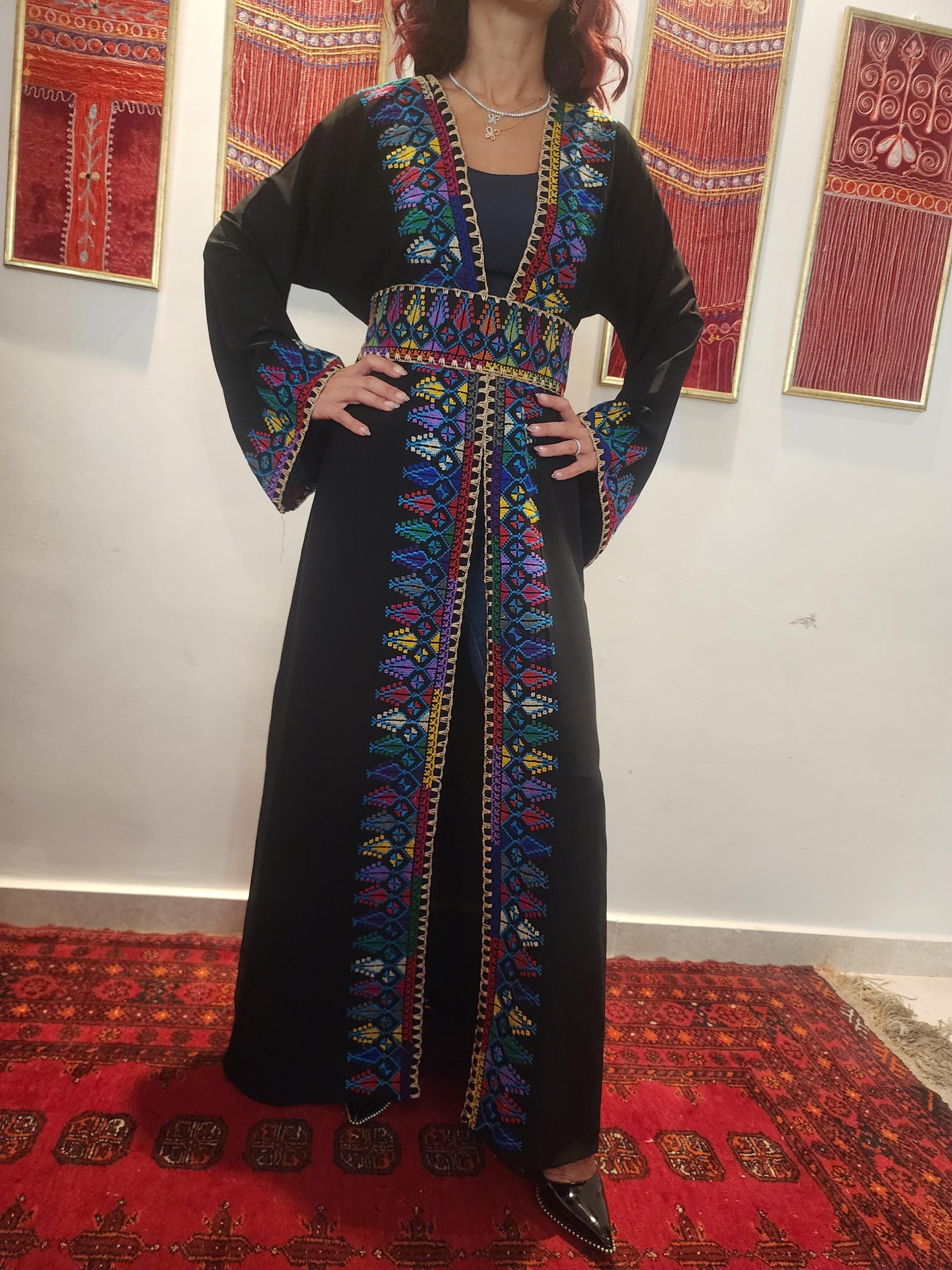 Hand Embroidered Palestinian Tatreez Abaya: Cape Shawl Kimono - image 3