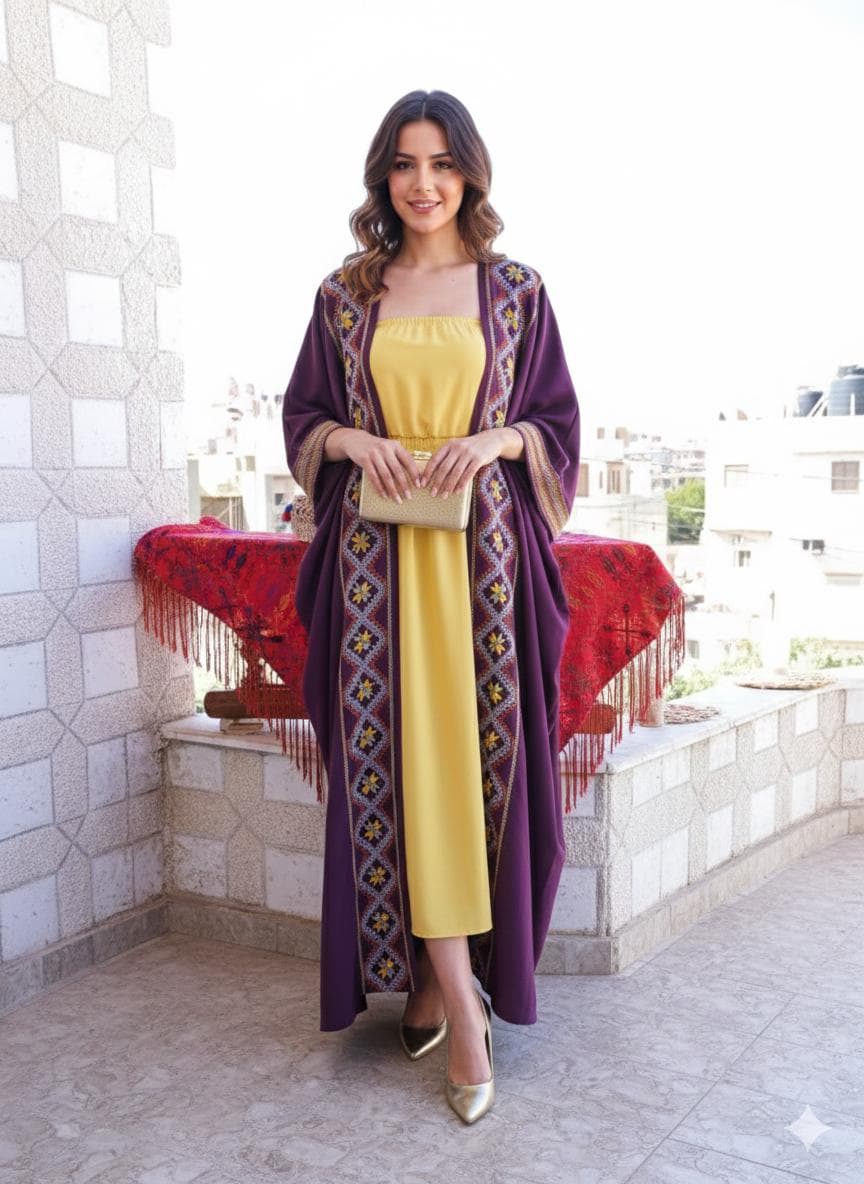 Hand Embroidered Kaftan - Purple Tatreez Kimono, Palestinian Abaya - image 3