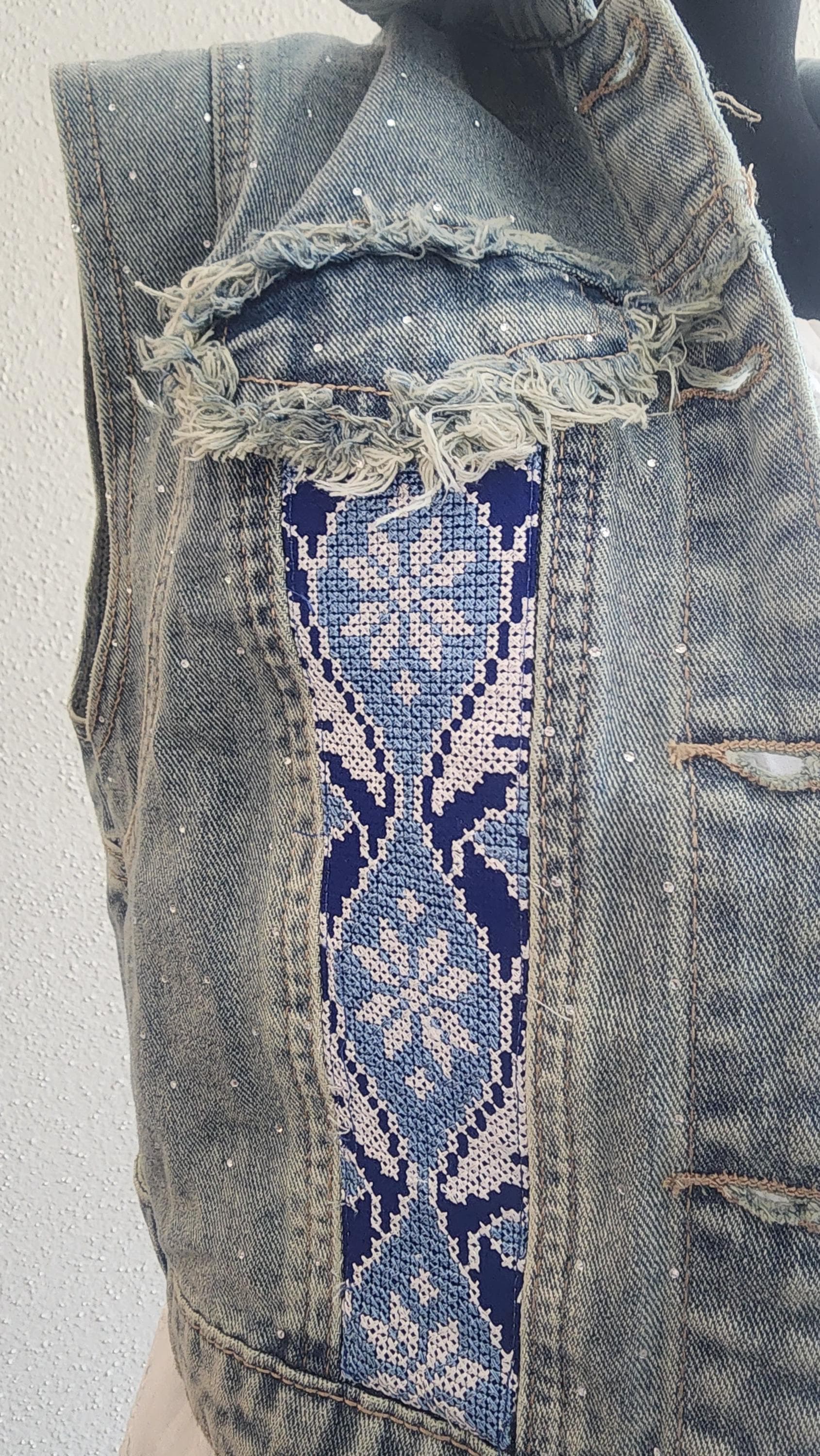 Embroidered Denim Vest with Silver Beaded Fringe – embellished vest - image 3