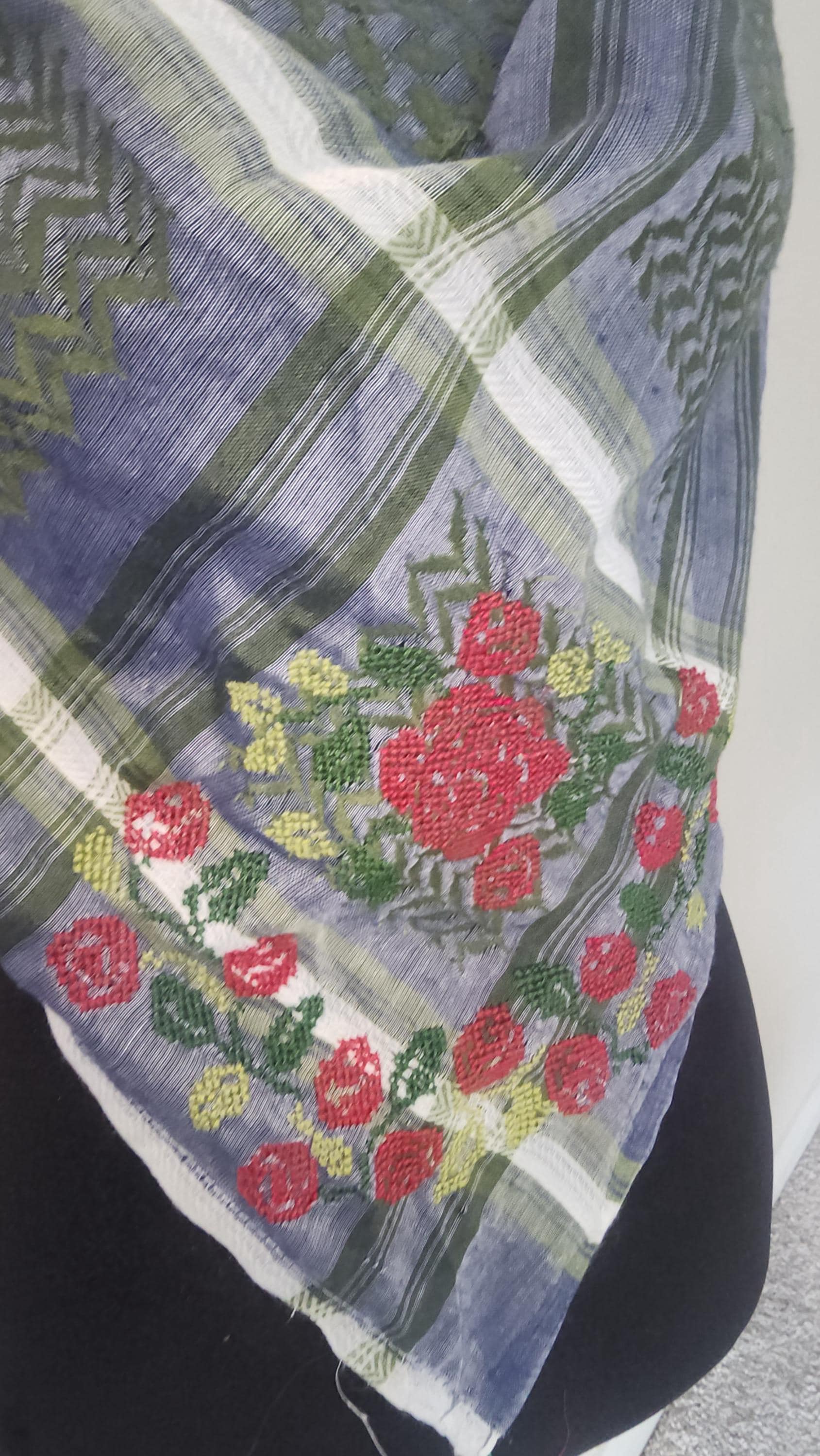Hand-Stitched blue and green Keffiyeh: Embroidered Half Scarf ,tarreez ,green tassel - image 5