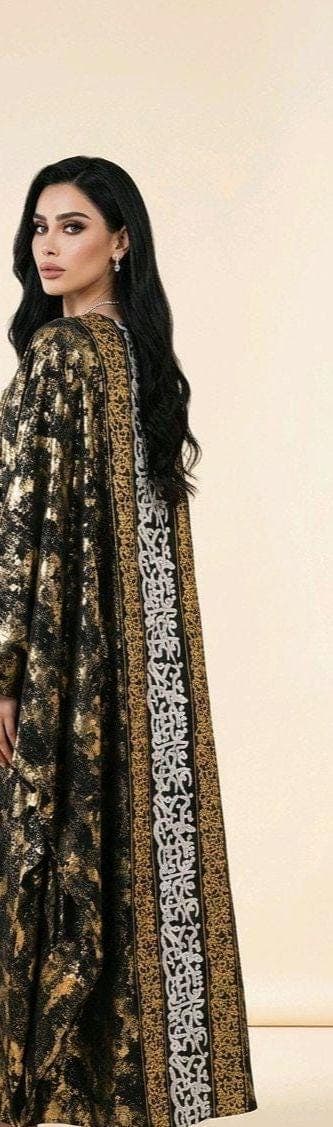 Black Satin Gold Calligraphy Kimono Abaya | Metallic Tie-Dye Kaftan Robe. - image 3