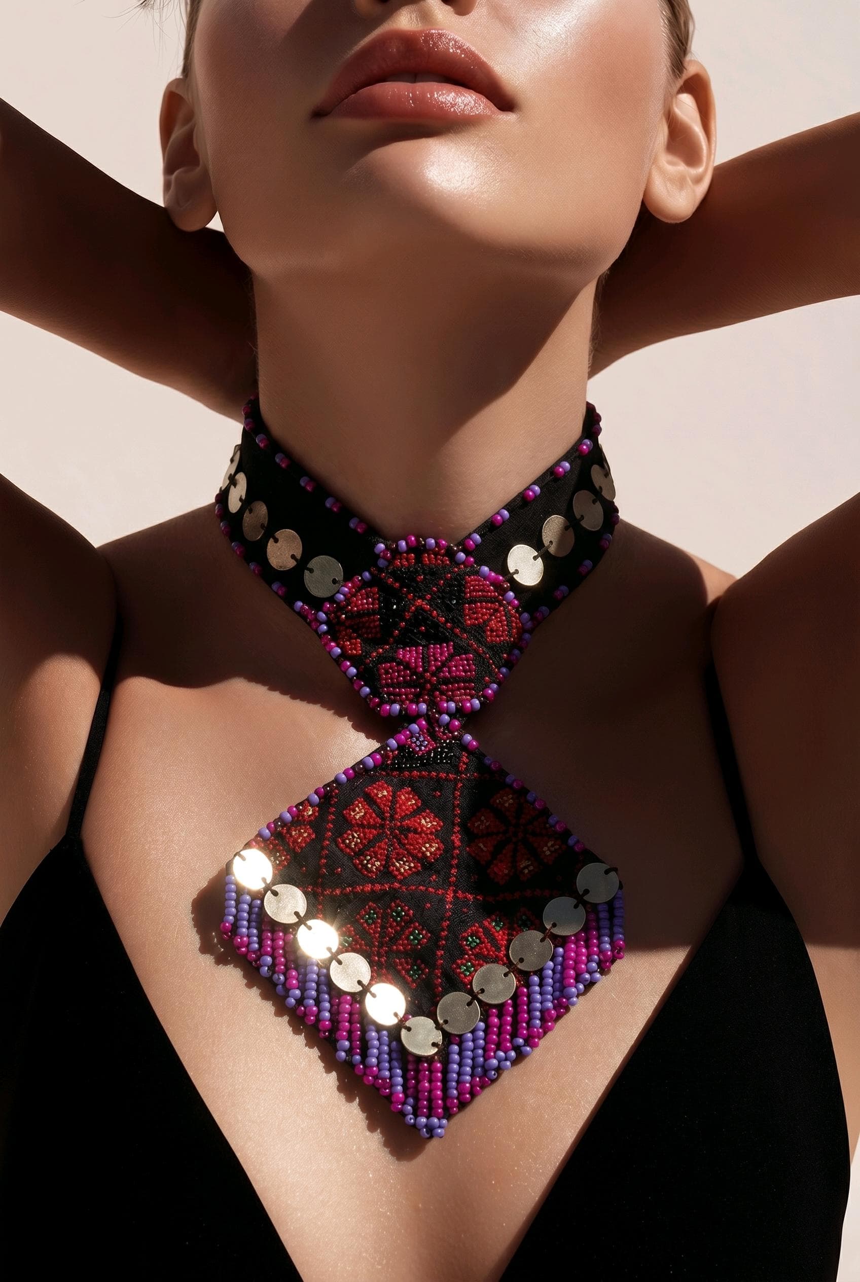 Hand-Embroidered Palestinian Tatreez Necklace ,Belt: with Rustic Coins cultural Fashion
