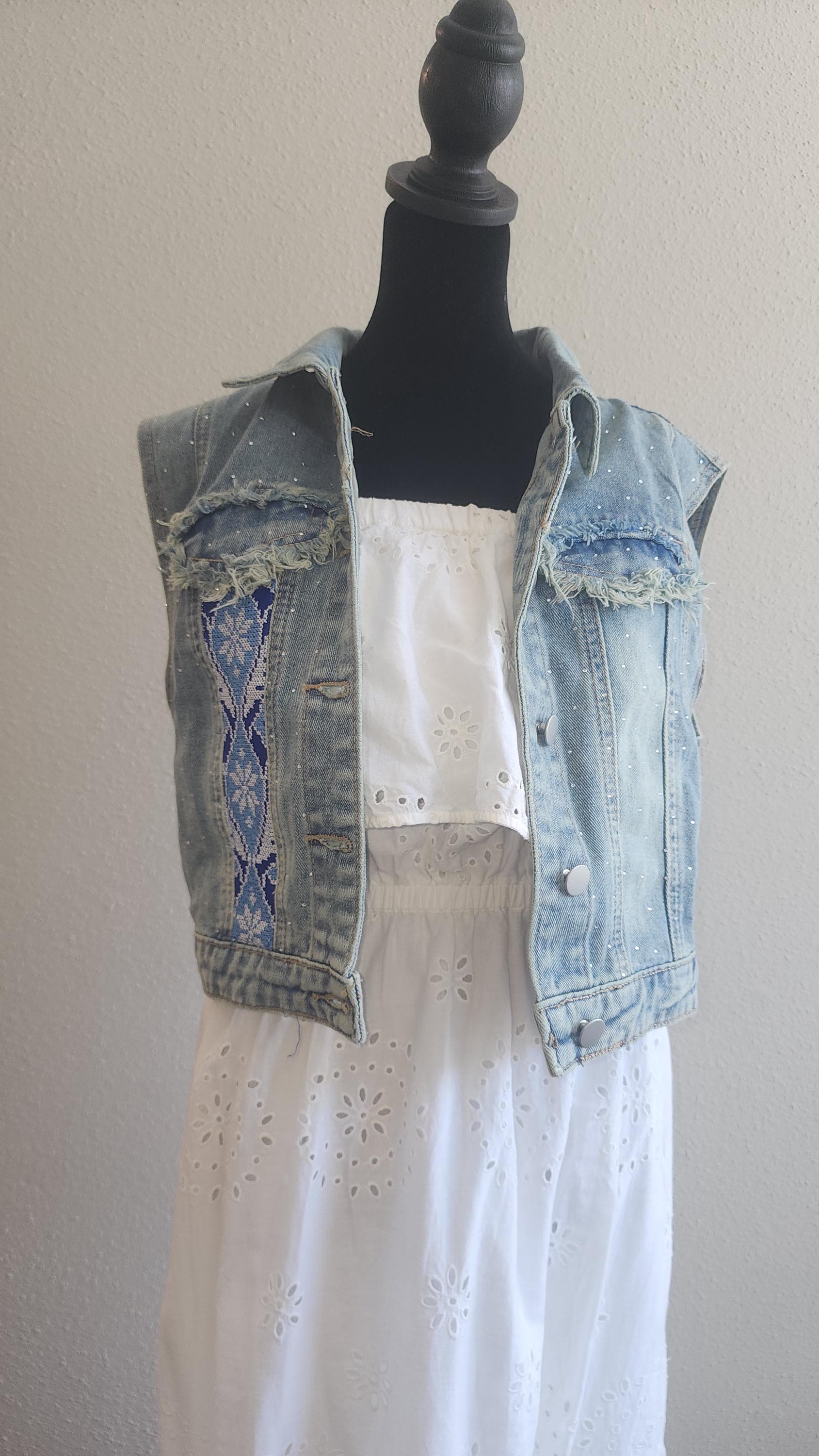Embroidered Denim Vest with Silver Beaded Fringe – embellished vest - image 4