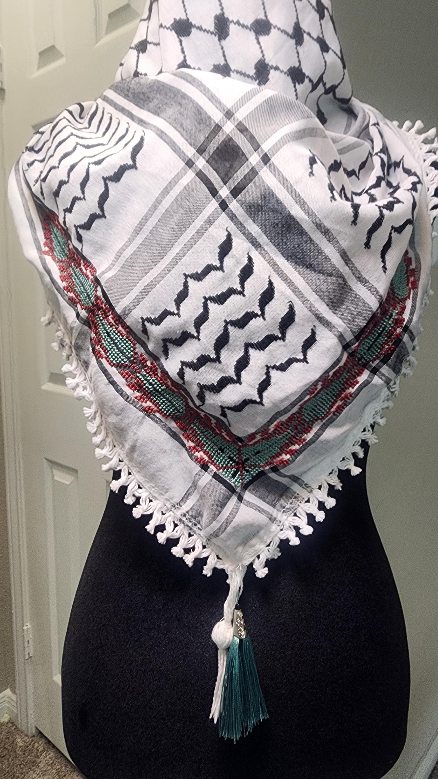 Unisex   Palestinian Keffiyeh: Embroidered Half Scarf ,  sabaleh tatreez pattern teal tatreez - image 3