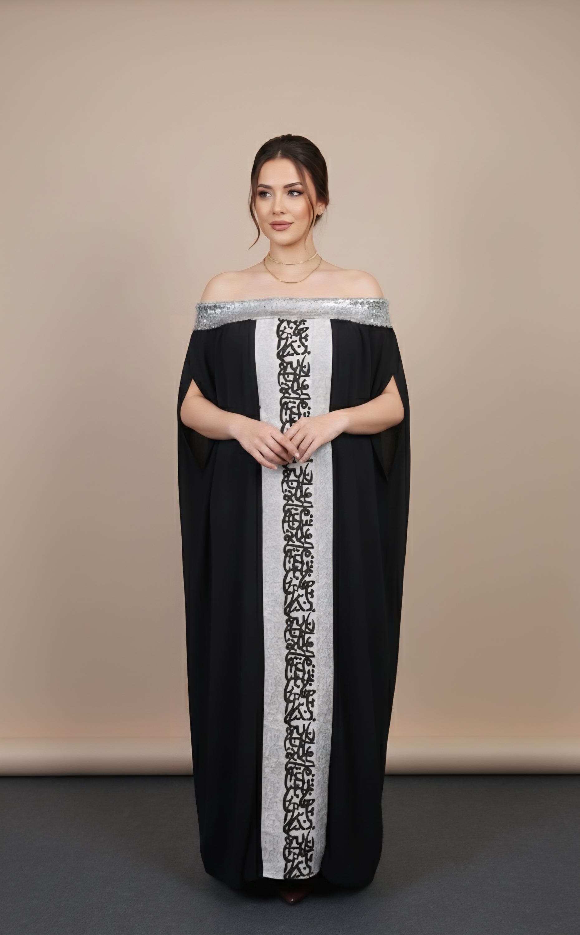 Off-the-Shoulder Kaftan Gown – Black Maxi Dress with Silver Arabic Calligraphy