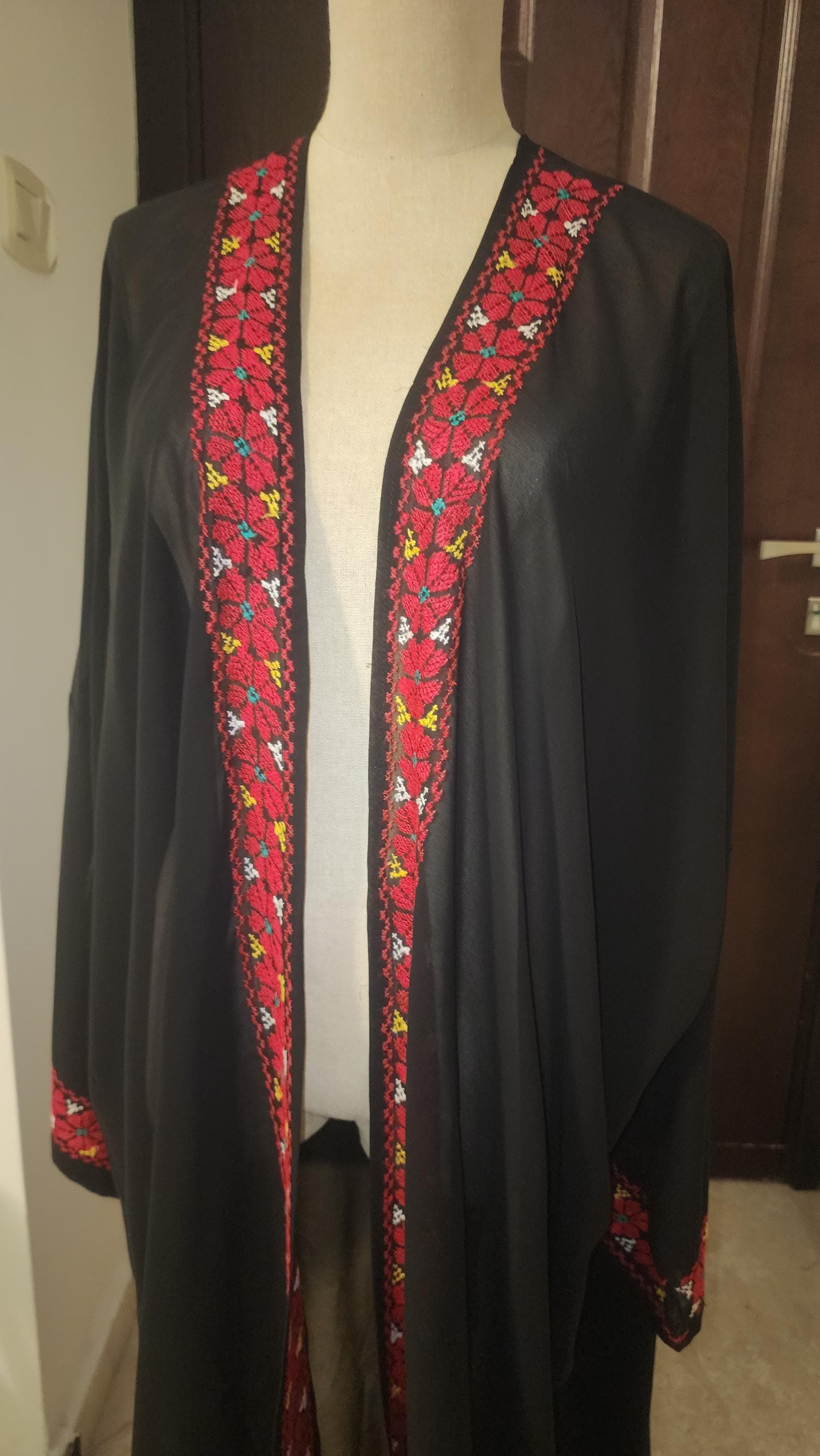 Hand Embroidered Palestinian Tatreez Cape: Heritage Abaya Shawl chiffon with red tatreez - image 5