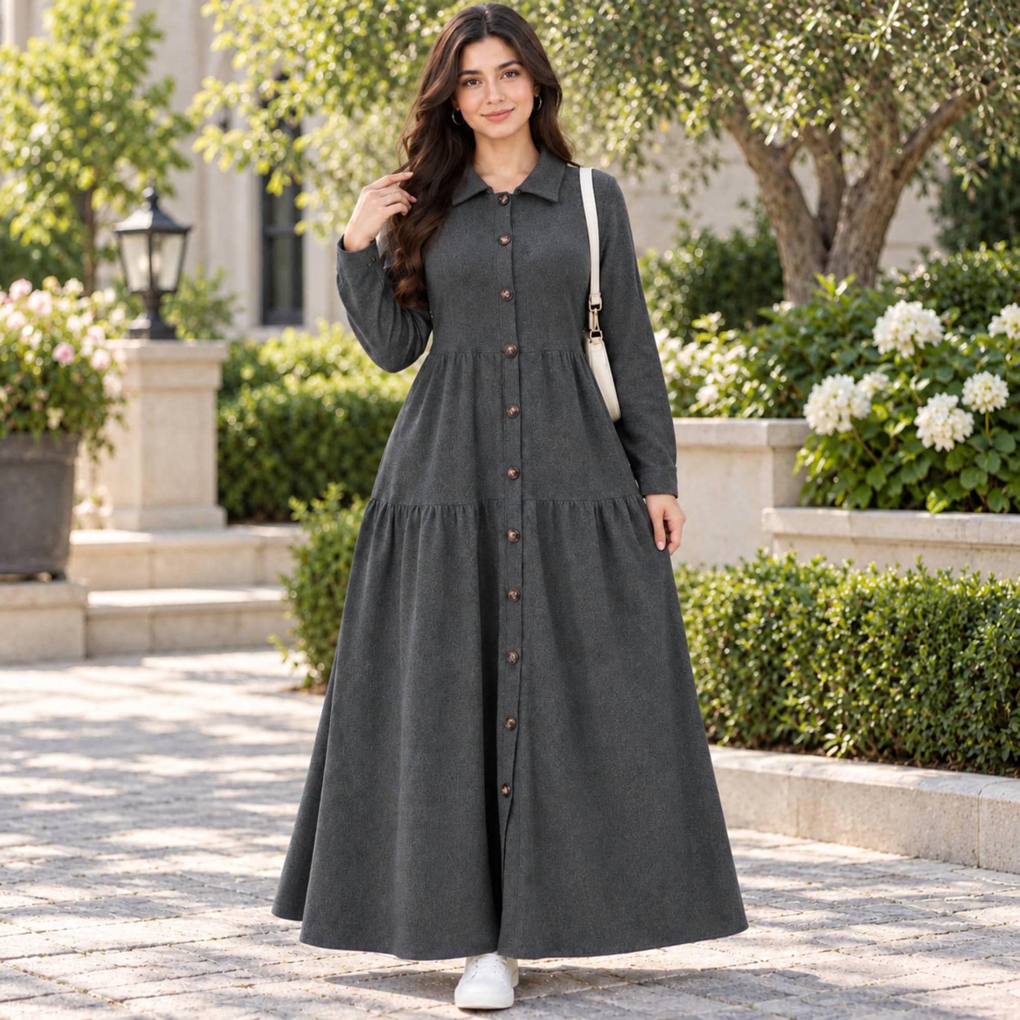 Button Front Maxi Shirt Dress, Long Sleeve Collared Tiered Dress for Women - image 4